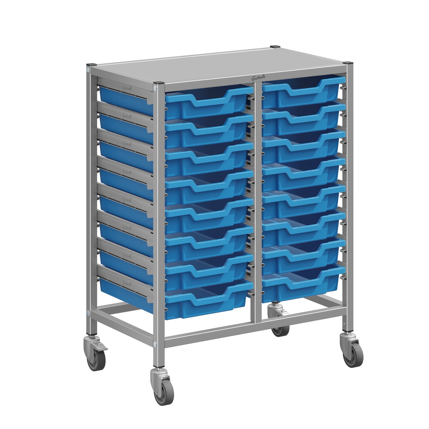 Gratnells Dynamis Lab & Healthcare Mid Double Cart Silver with Casters and 16 Shallow Trays (GRA-DYAM244-XX-001)