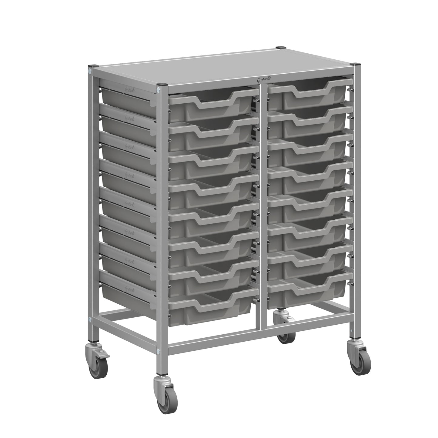 Gratnells Dynamis Lab & Healthcare Mid Double Cart Silver with Casters and 16 Shallow Trays (GRA-DYAM244-XX-001)