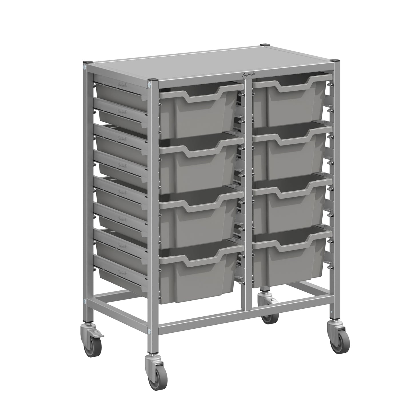 Gratnells Dynamis Lab & Healthcare Mid Double Cart Silver with Casters and 8 Deep Trays (GRA-DYAM244-XX-002)