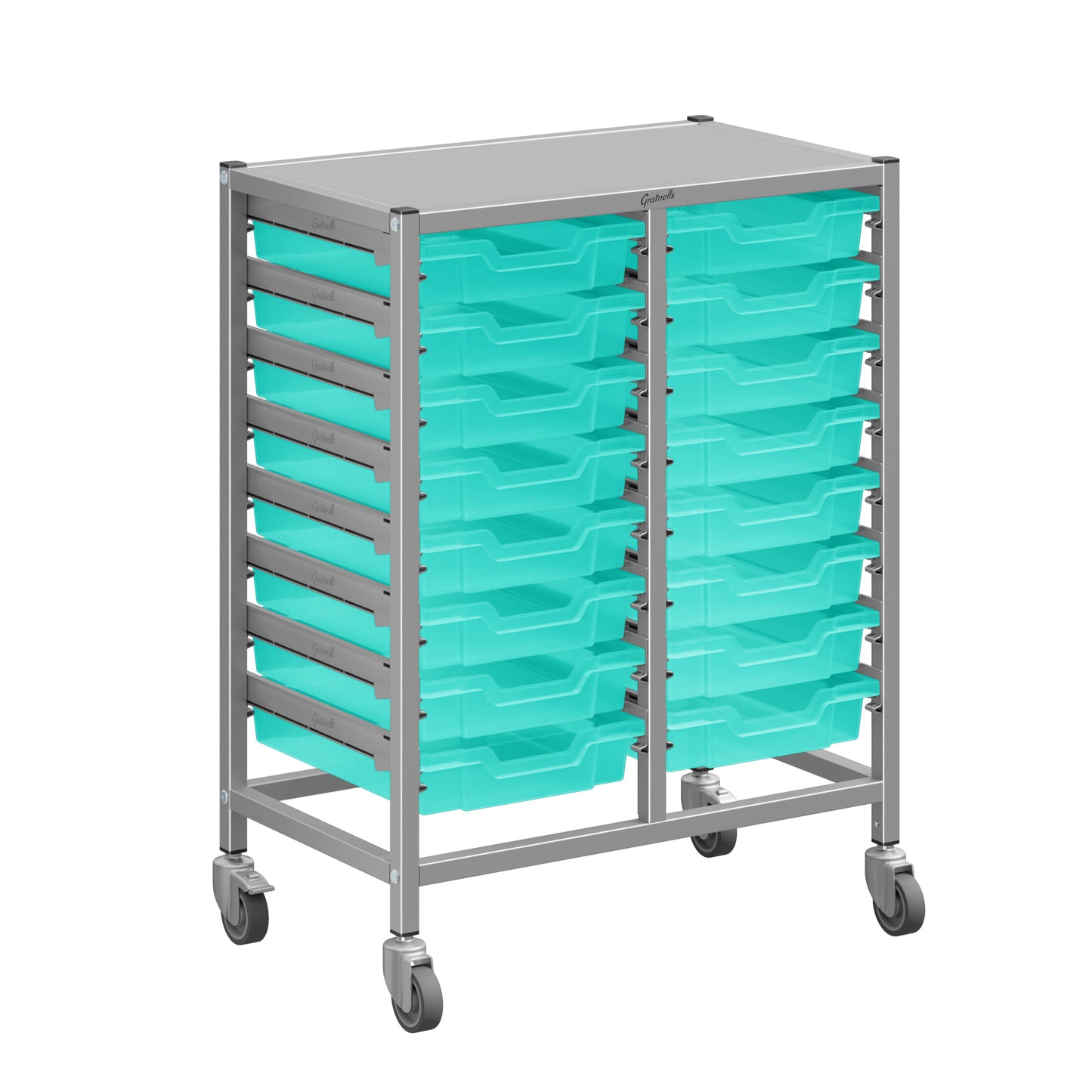 Gratnells Dynamis Lab & Healthcare Mid Double Cart Silver with Casters and 16 Shallow Trays (GRA-DYAM244-XX-001)