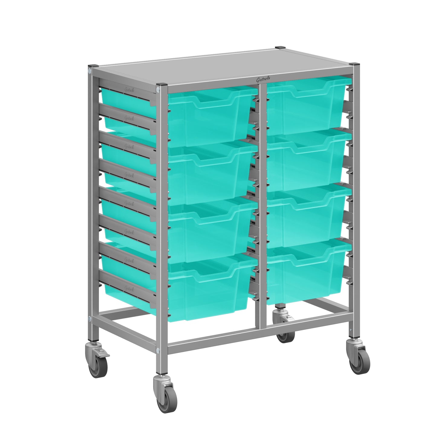 Gratnells Dynamis Lab & Healthcare Mid Double Cart Silver with Casters and 8 Deep Trays (GRA-DYAM244-XX-002)
