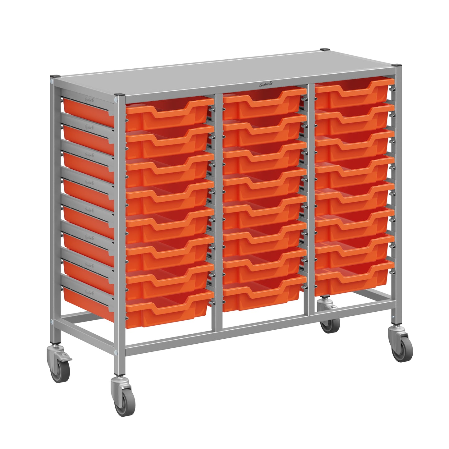 Gratnells Dynamis Lab & Healthcare Mid Triple Cart Silver with Casters and 24 Shallow Trays (GRA-DYAM344-XX-001)