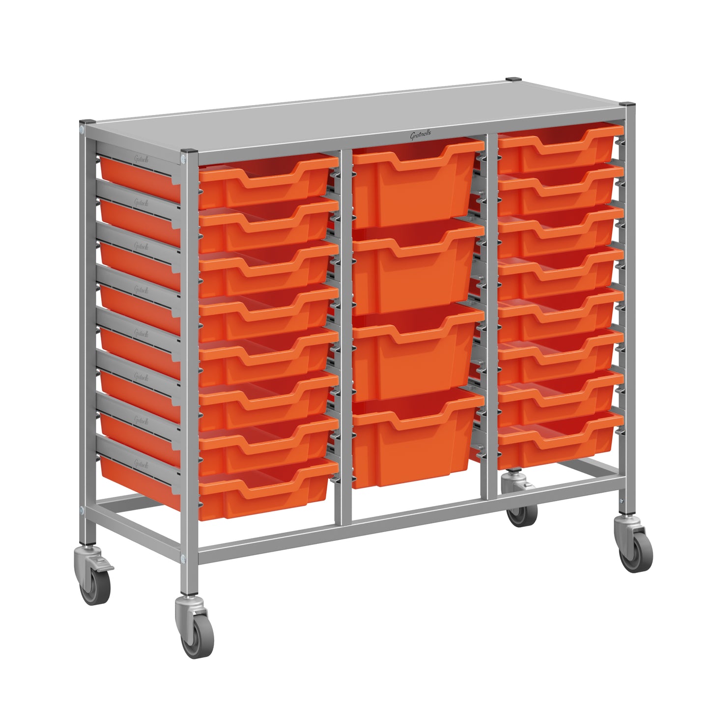 Gratnells Dynamis Lab & Healthcare Mid Triple Cart Silver with Casters and 16 Shallow |4 Deep Trays (GRA-DYAM344-XX-004)