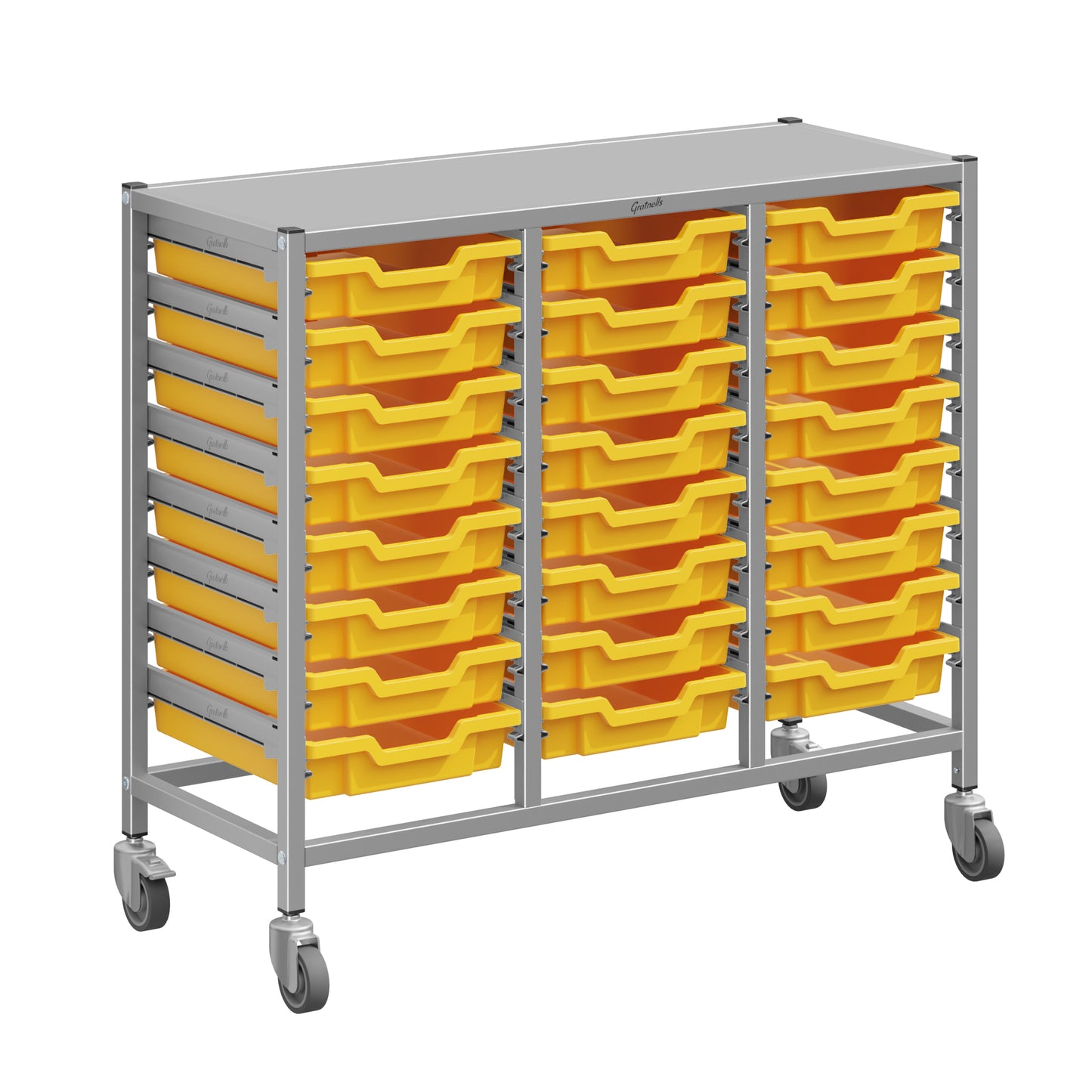 Gratnells Dynamis Lab & Healthcare Mid Triple Cart Silver with Casters and 24 Shallow Trays (GRA-DYAM344-XX-001)