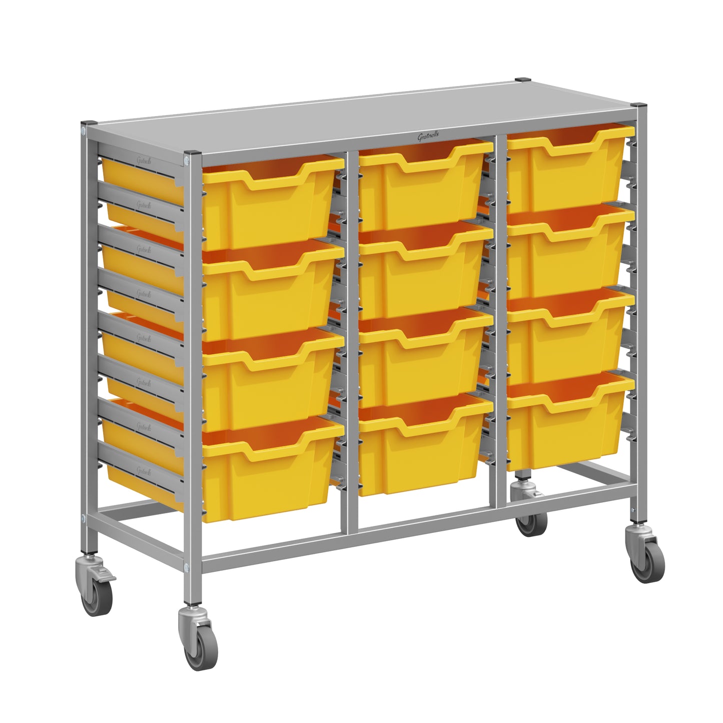 Gratnells Dynamis Lab & Healthcare Mid Triple Cart Silver with Casters and 12 Deep Trays (GRA-DYAM344-XX-002)