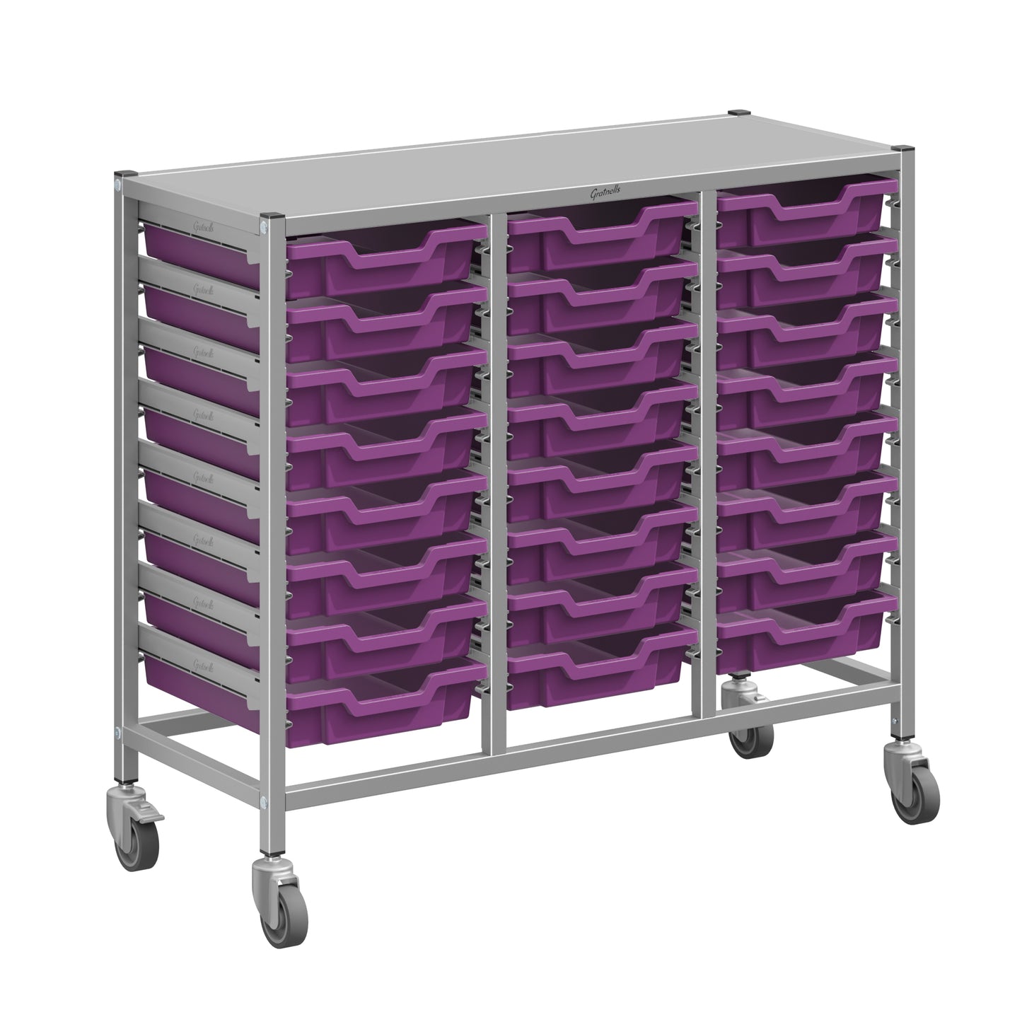 Gratnells Dynamis Lab & Healthcare Mid Triple Cart Silver with Casters and 24 Shallow Trays (GRA-DYAM344-XX-001)