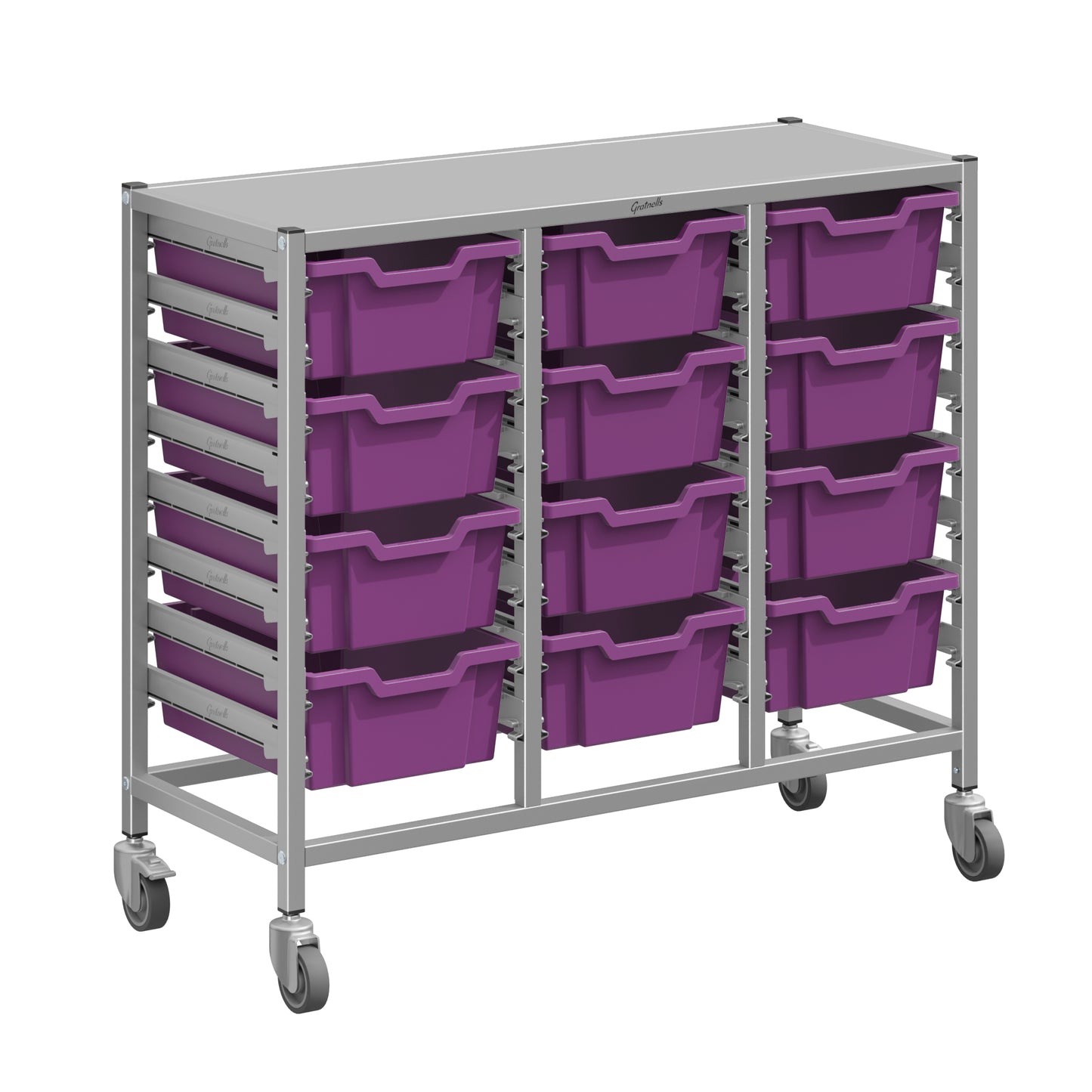 Gratnells Dynamis Lab & Healthcare Mid Triple Cart Silver with Casters and 12 Deep Trays (GRA-DYAM344-XX-002)