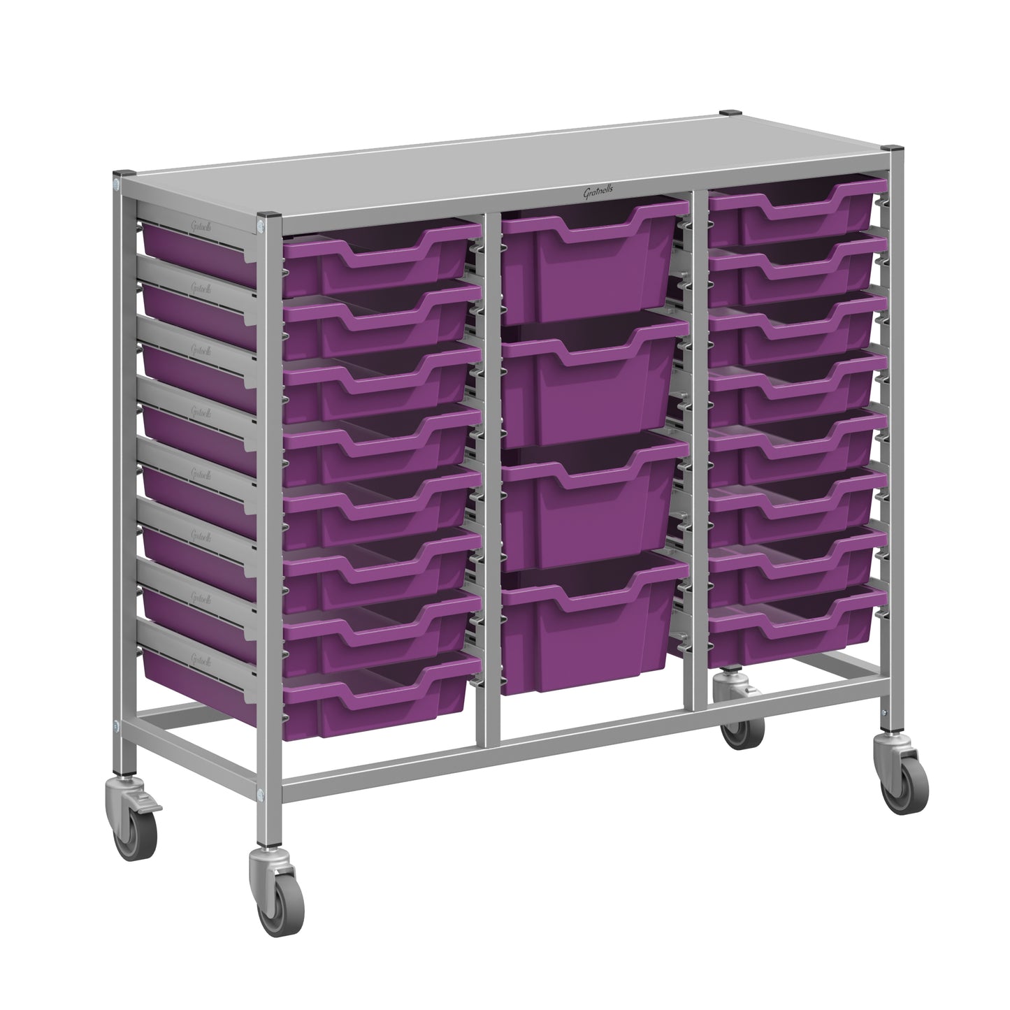 Gratnells Dynamis Lab & Healthcare Mid Triple Cart Silver with Casters and 16 Shallow |4 Deep Trays (GRA-DYAM344-XX-004)
