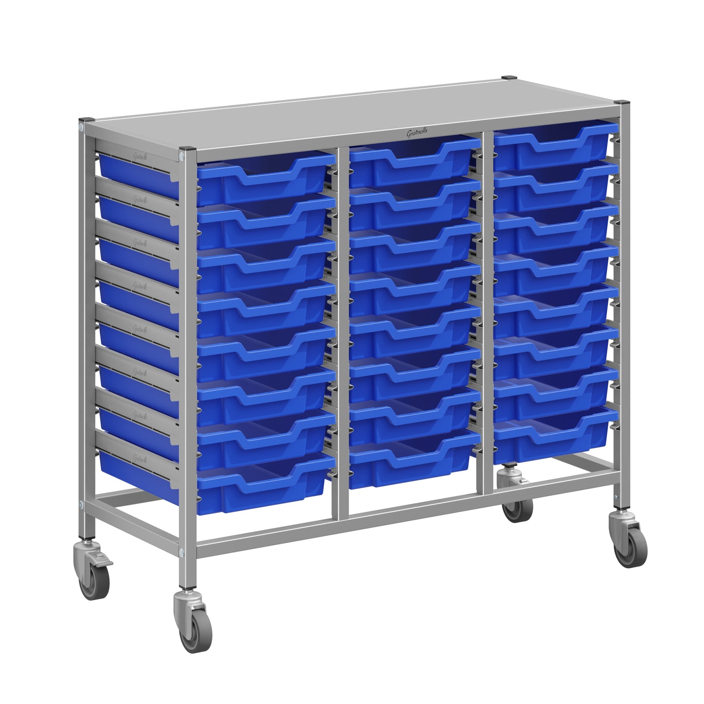 Gratnells Dynamis Lab & Healthcare Mid Triple Cart Silver with Casters and 24 Shallow Trays (GRA-DYAM344-XX-001)