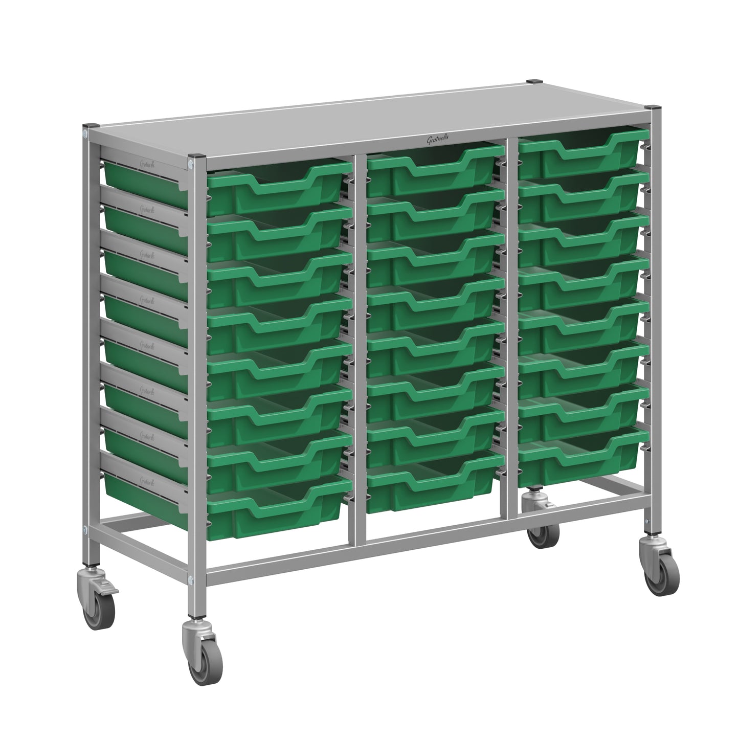 Gratnells Dynamis Lab & Healthcare Mid Triple Cart Silver with Casters and 24 Shallow Trays (GRA-DYAM344-XX-001)