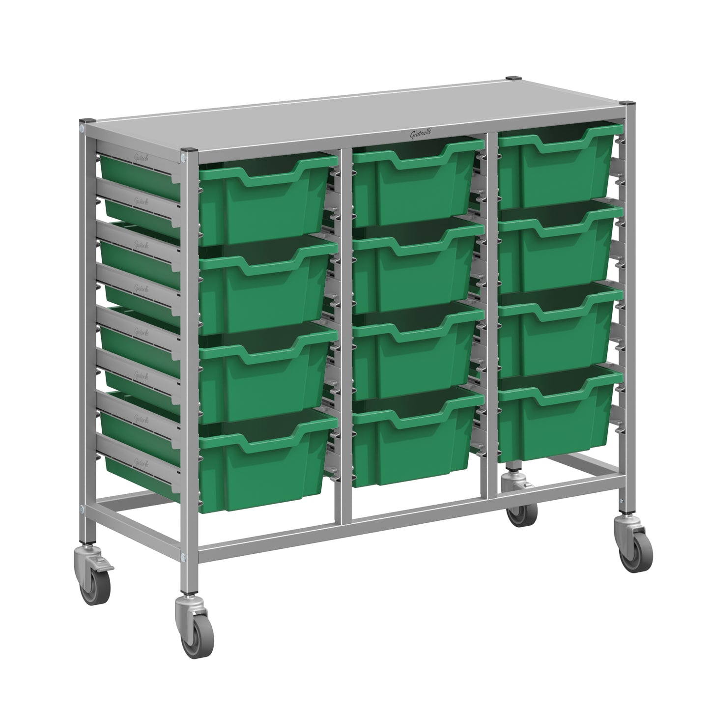 Gratnells Dynamis Lab & Healthcare Mid Triple Cart Silver with Casters and 12 Deep Trays (GRA-DYAM344-XX-002)