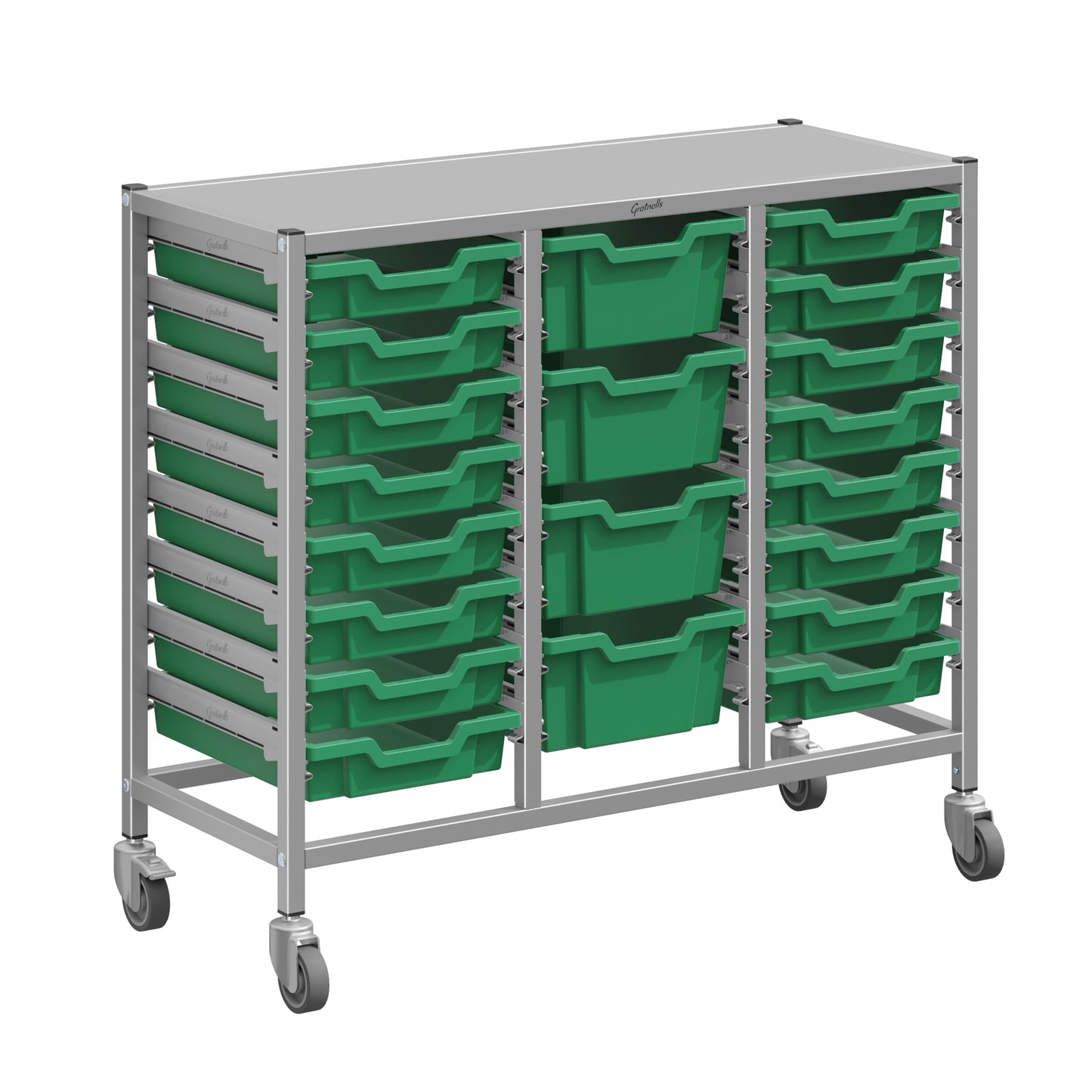 Gratnells Dynamis Lab & Healthcare Mid Triple Cart Silver with Casters and 16 Shallow |4 Deep Trays (GRA-DYAM344-XX-004)