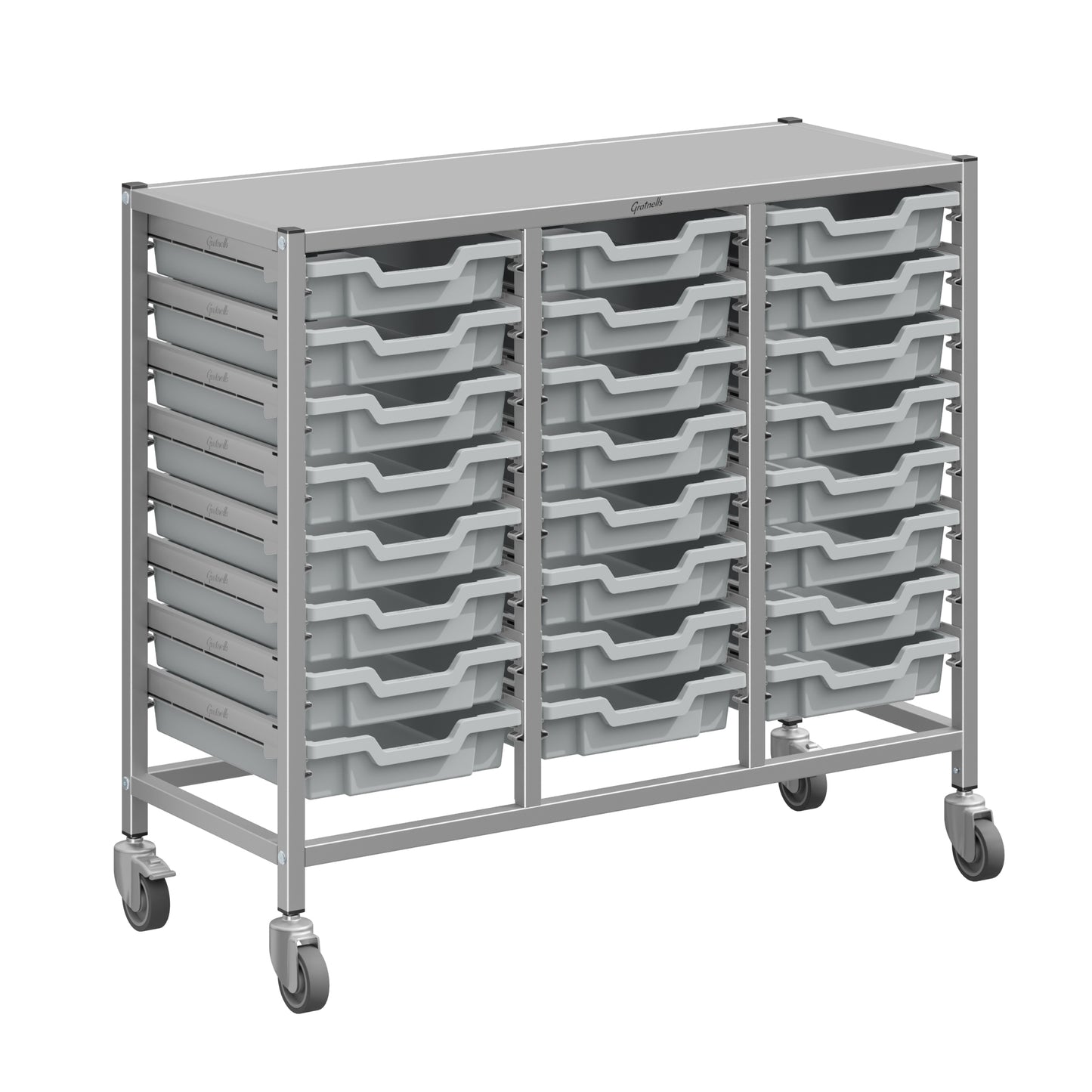 Gratnells Dynamis Lab & Healthcare Mid Triple Cart Silver with Casters and 24 Shallow Trays (GRA-DYAM344-XX-001)