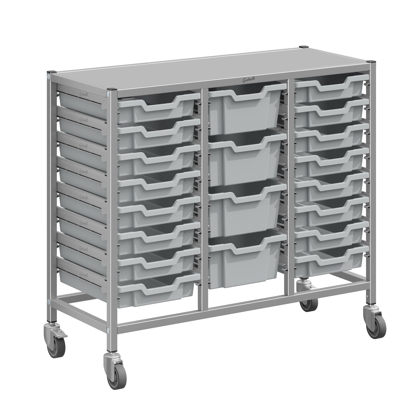 Gratnells Dynamis Lab & Healthcare Mid Triple Cart Silver with Casters and 16 Shallow |4 Deep Trays (GRA-DYAM344-XX-004)