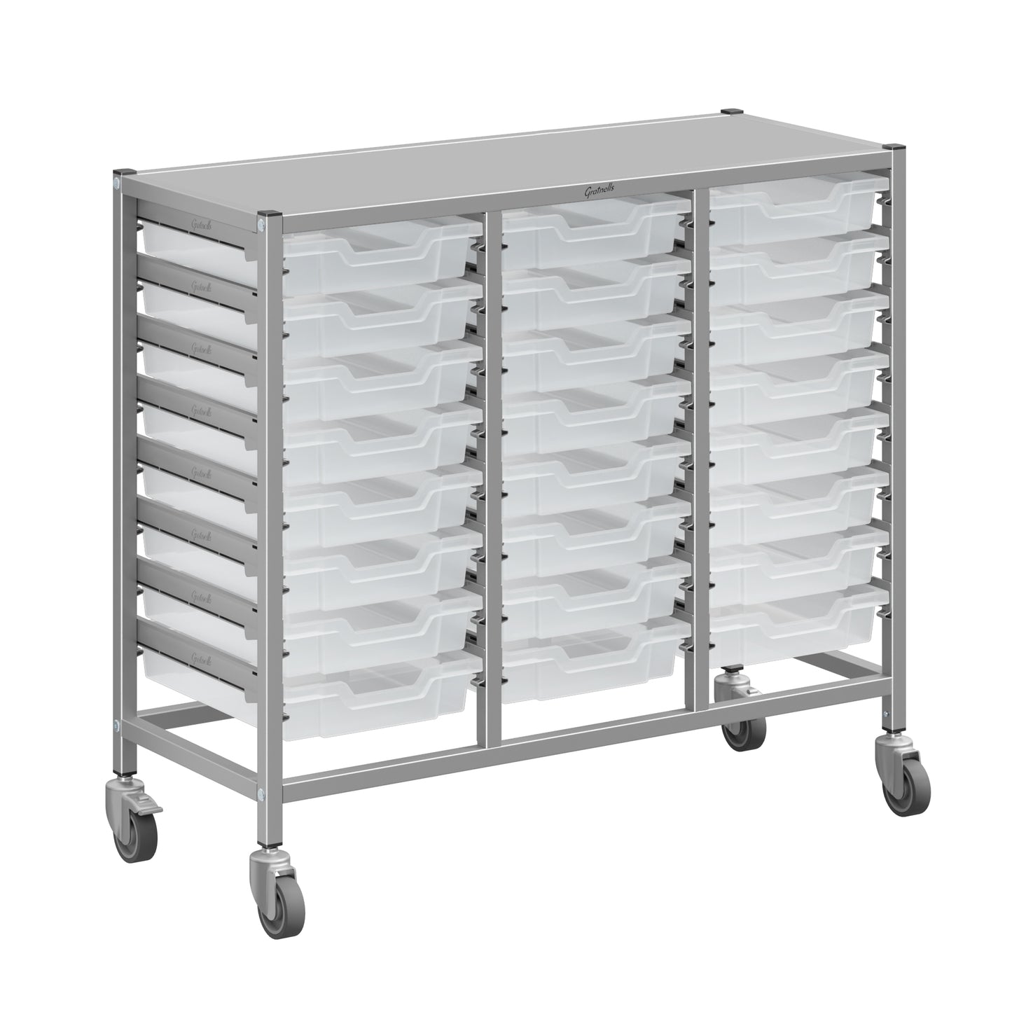 Gratnells Dynamis Lab & Healthcare Mid Triple Cart Silver with Casters and 24 Shallow Trays (GRA-DYAM344-XX-001)