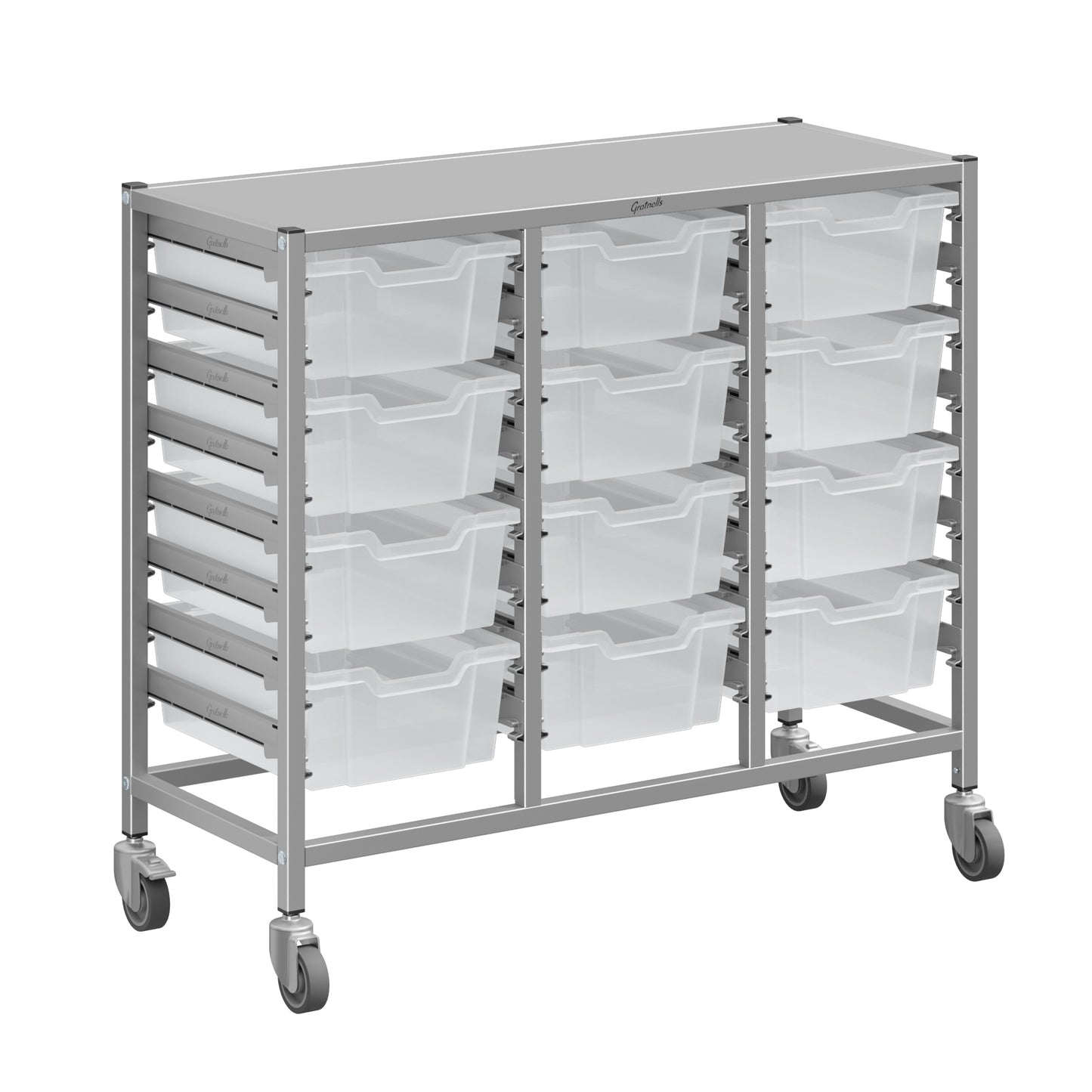 Gratnells Dynamis Lab & Healthcare Mid Triple Cart Silver with Casters and 12 Deep Trays (GRA-DYAM344-XX-002)