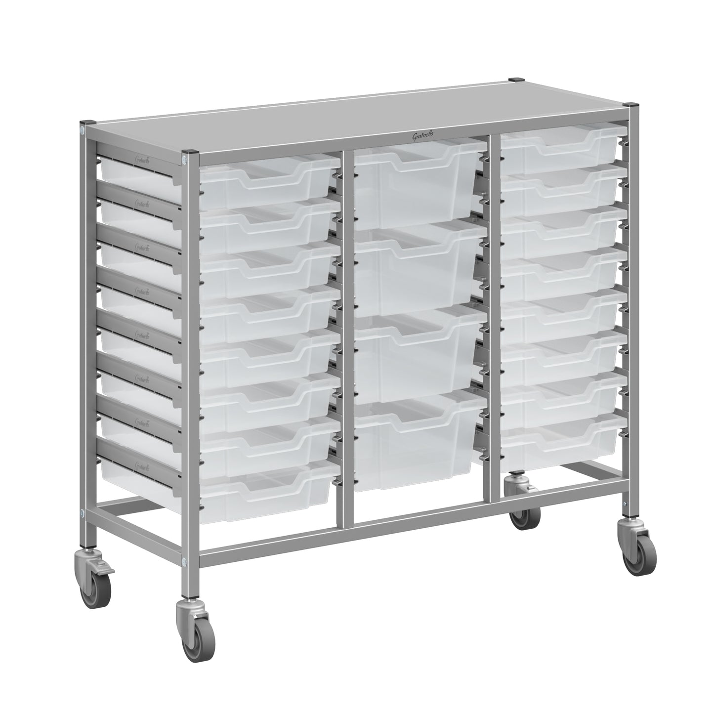 Gratnells Dynamis Lab & Healthcare Mid Triple Cart Silver with Casters and 16 Shallow |4 Deep Trays (GRA-DYAM344-XX-004)