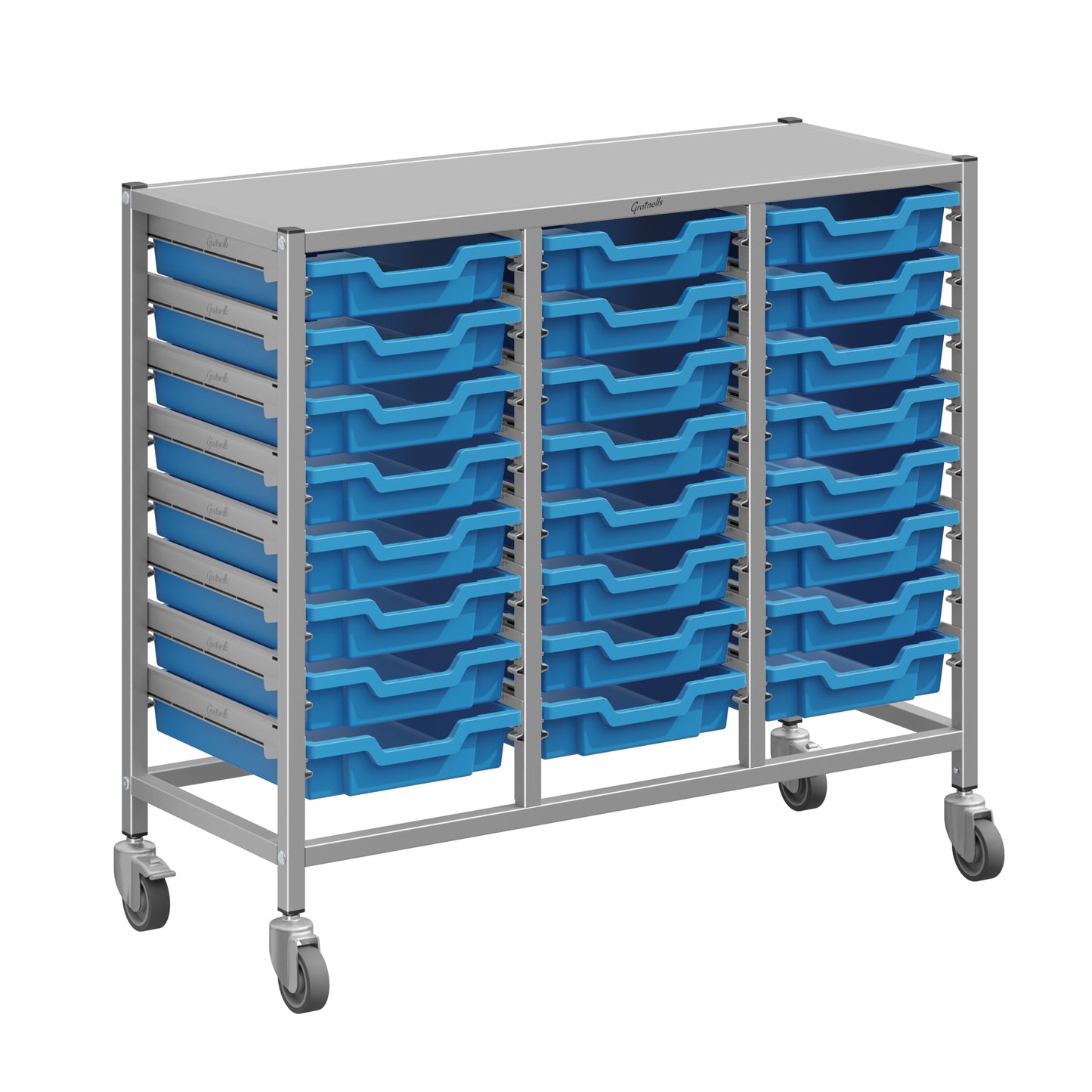 Gratnells Dynamis Lab & Healthcare Mid Triple Cart Silver with Casters and 24 Shallow Trays (GRA-DYAM344-XX-001)