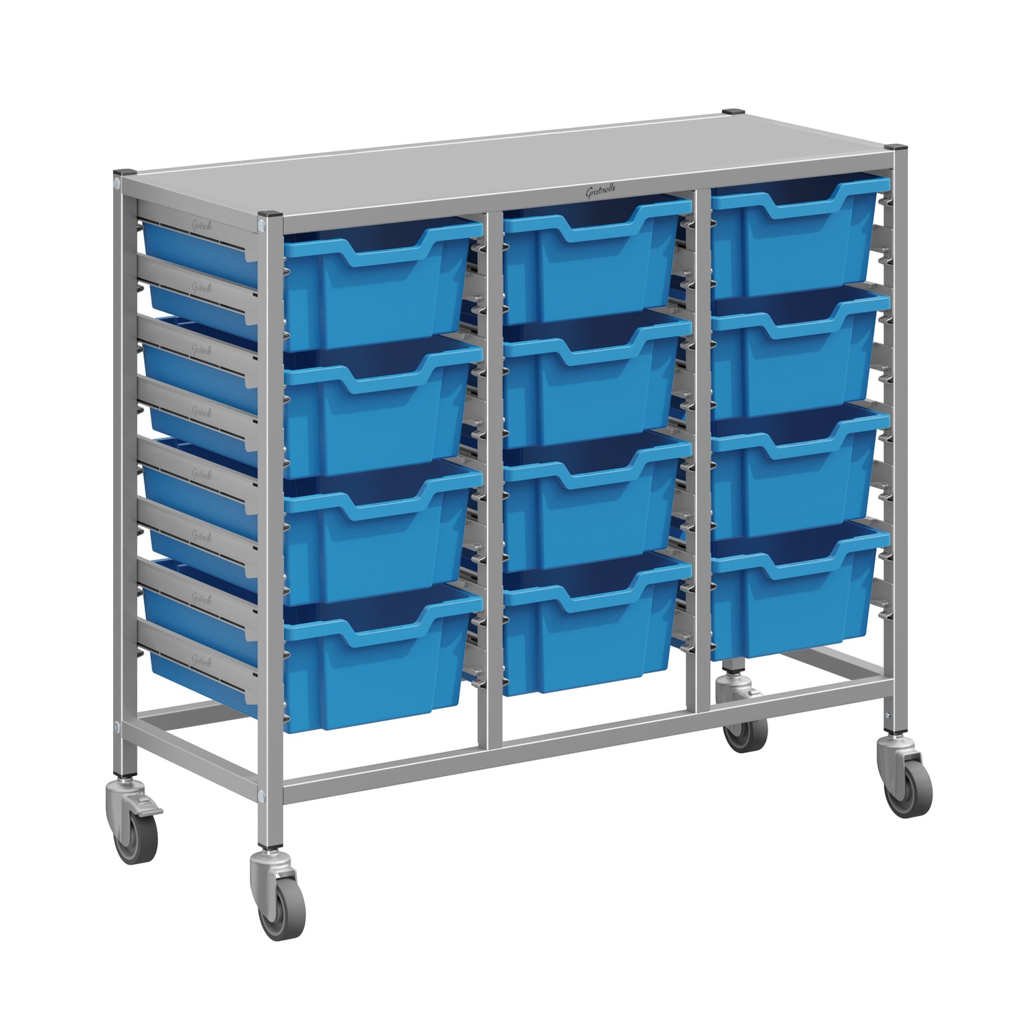 Gratnells Dynamis Lab & Healthcare Mid Triple Cart Silver with Casters and 12 Deep Trays (GRA-DYAM344-XX-002)