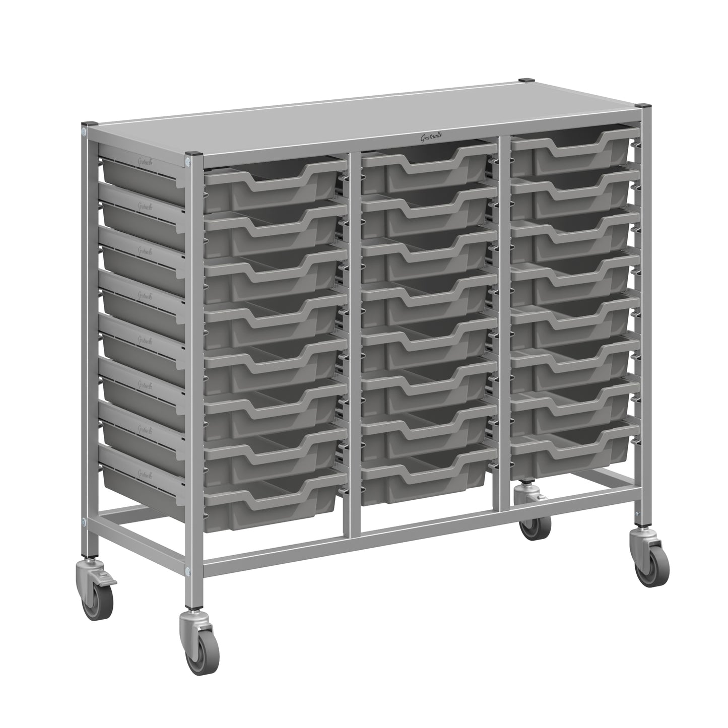 Gratnells Dynamis Lab & Healthcare Mid Triple Cart Silver with Casters and 24 Shallow Trays (GRA-DYAM344-XX-001)