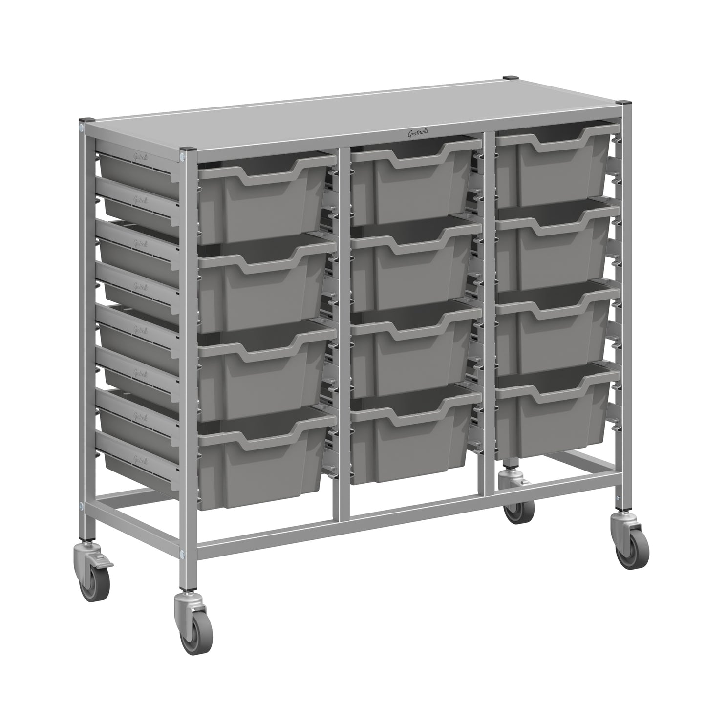 Gratnells Dynamis Lab & Healthcare Mid Triple Cart Silver with Casters and 12 Deep Trays (GRA-DYAM344-XX-002)