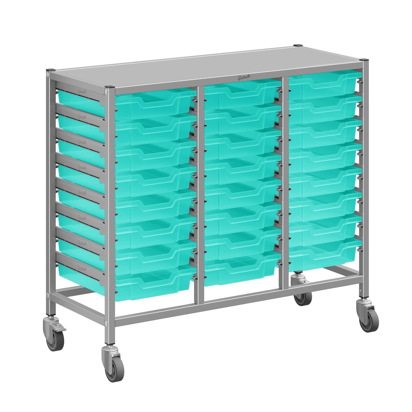 Gratnells Dynamis Lab & Healthcare Mid Triple Cart Silver with Casters and 24 Shallow Trays (GRA-DYAM344-XX-001)
