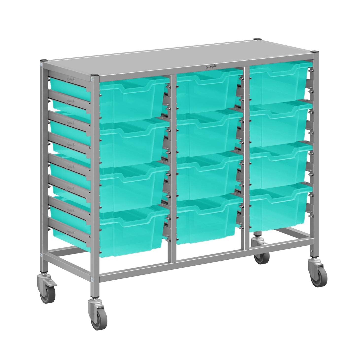 Gratnells Dynamis Lab & Healthcare Mid Triple Cart Silver with Casters and 12 Deep Trays (GRA-DYAM344-XX-002)