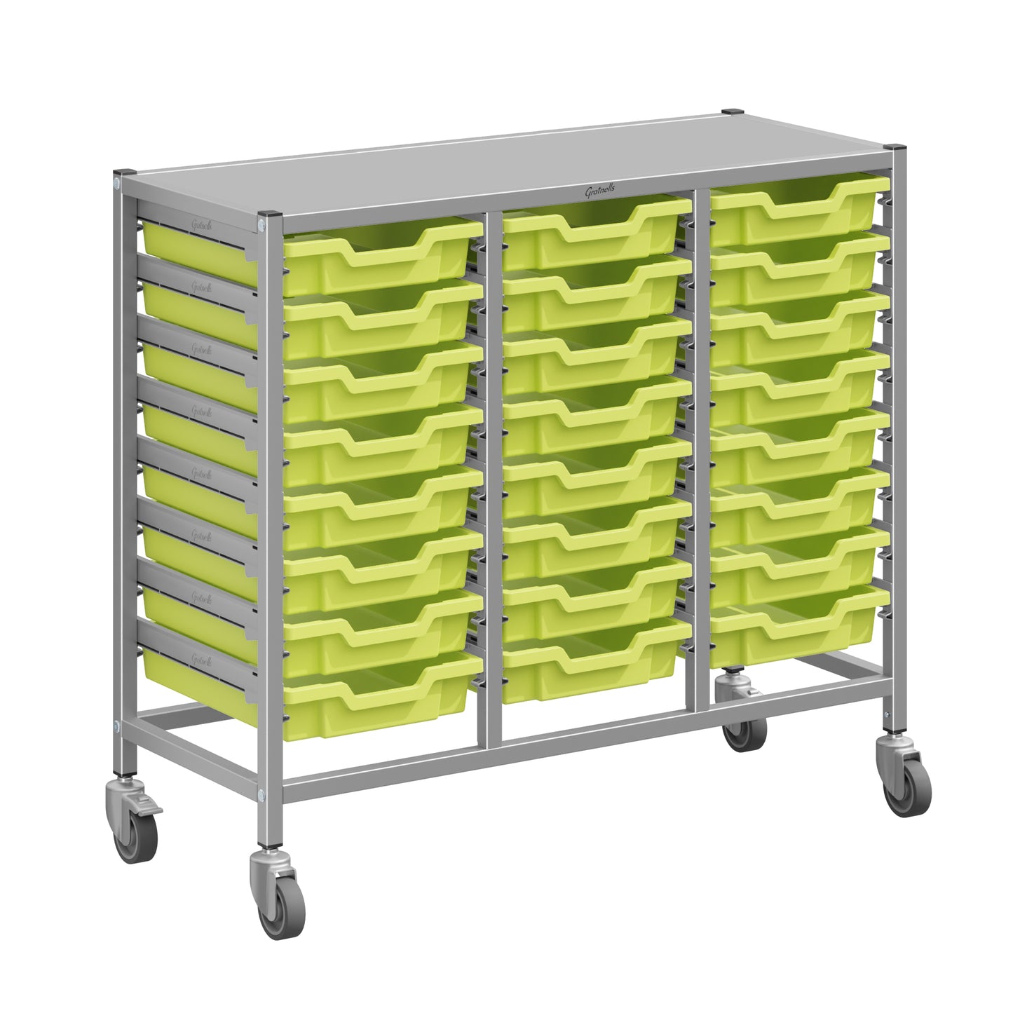Gratnells Dynamis Lab & Healthcare Mid Triple Cart Silver with Casters and 24 Shallow Trays (GRA-DYAM344-XX-001)