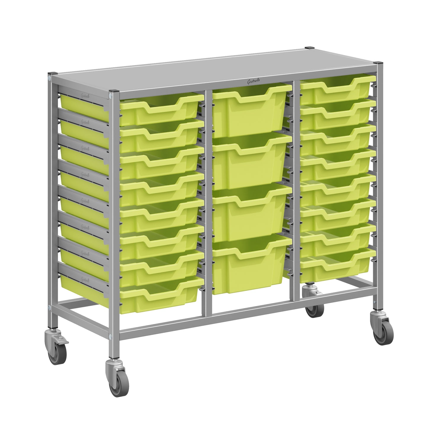 Gratnells Dynamis Lab & Healthcare Mid Triple Cart Silver with Casters and 16 Shallow |4 Deep Trays (GRA-DYAM344-XX-004)