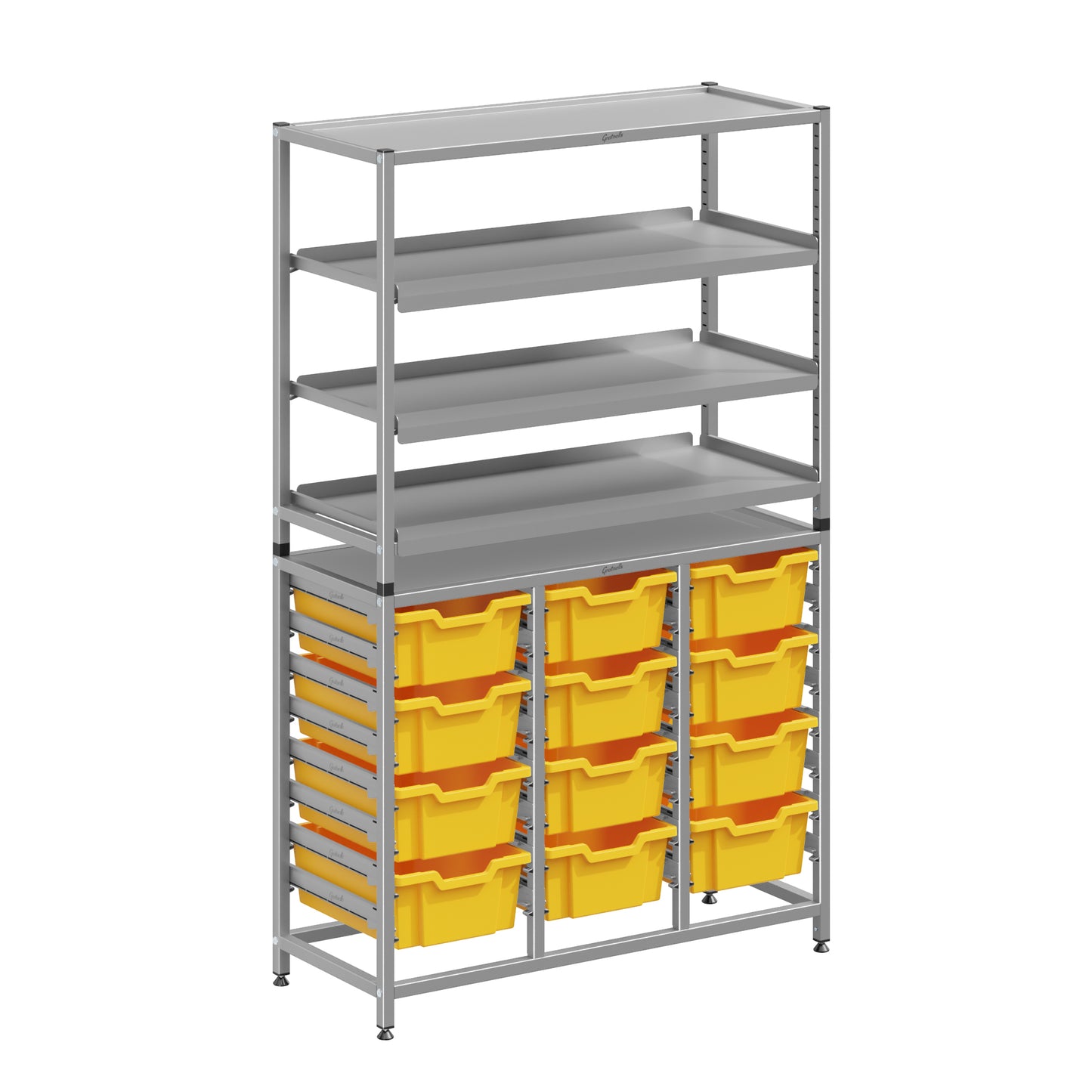 Gratnells Dynamis Lab & Healthcare Combo Cart Set Silver with 3 Shelves and 12 Deep Trays (GRA-DYAT344-XX-006)