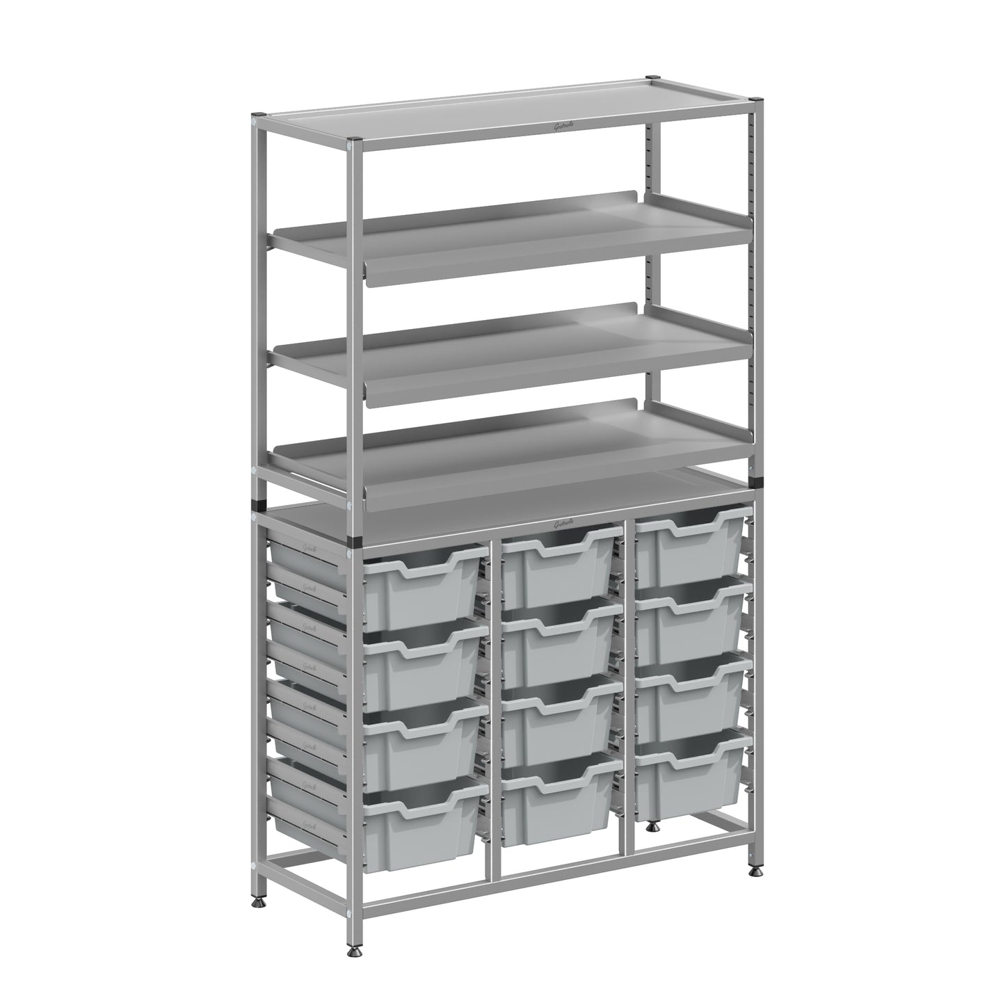 Gratnells Dynamis Lab & Healthcare Combo Cart Set Silver with 3 Shelves and 12 Deep Trays (GRA-DYAT344-XX-006)