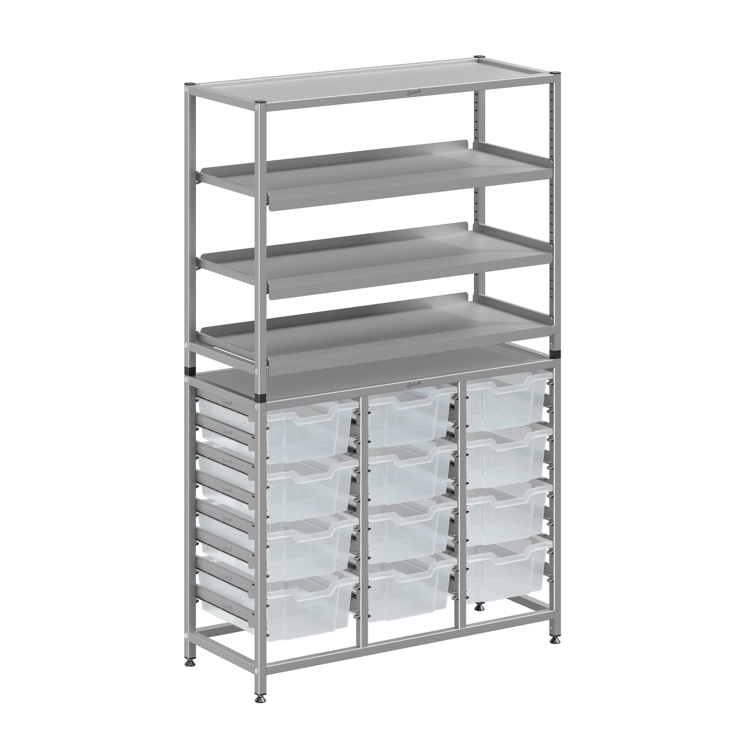 Gratnells Dynamis Lab & Healthcare Combo Cart Set Silver with 3 Shelves and 12 Deep Trays (GRA-DYAT344-XX-006)