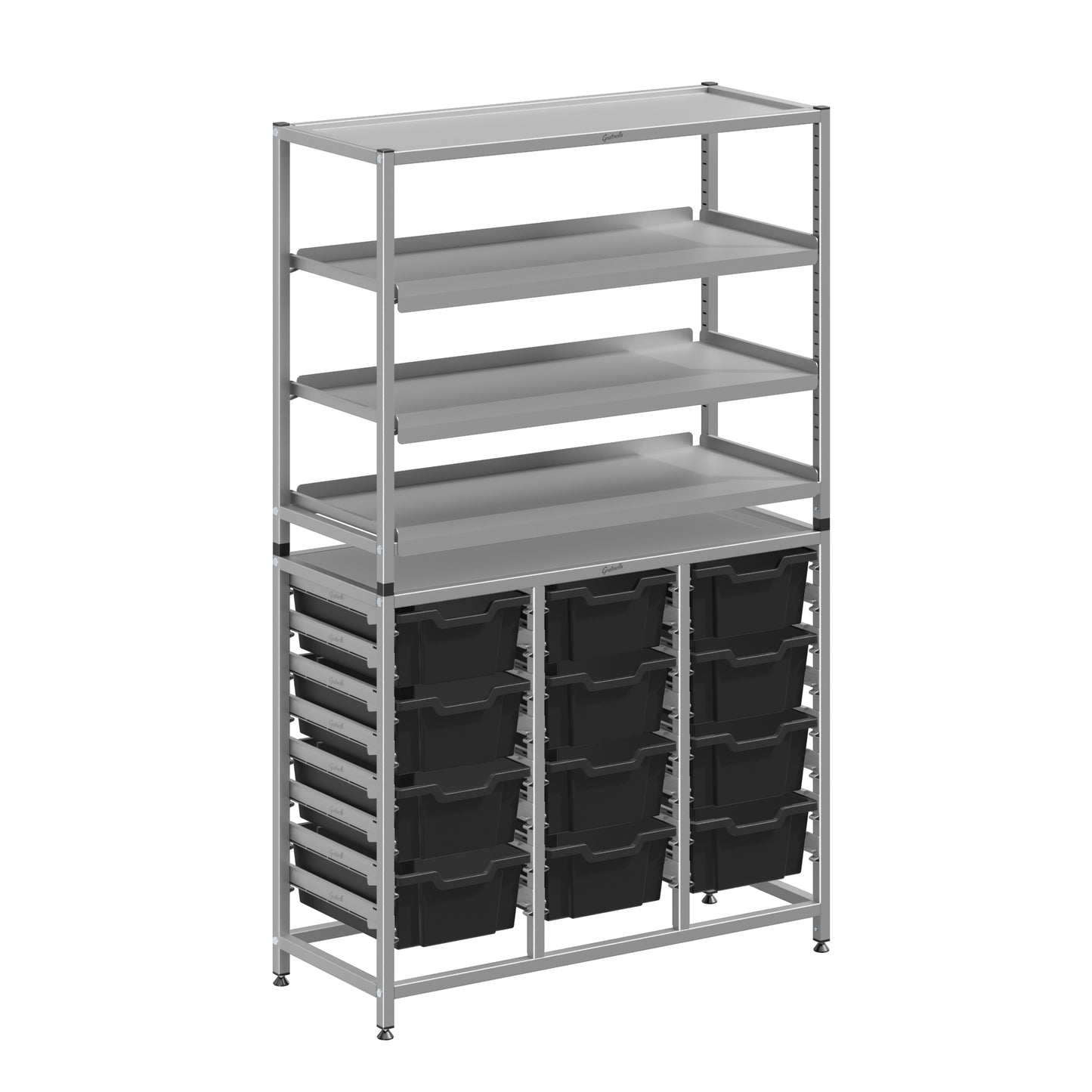 Gratnells Dynamis Lab & Healthcare Combo Cart Set Silver with 3 Shelves and 12 Deep Trays (GRA-DYAT344-XX-006)