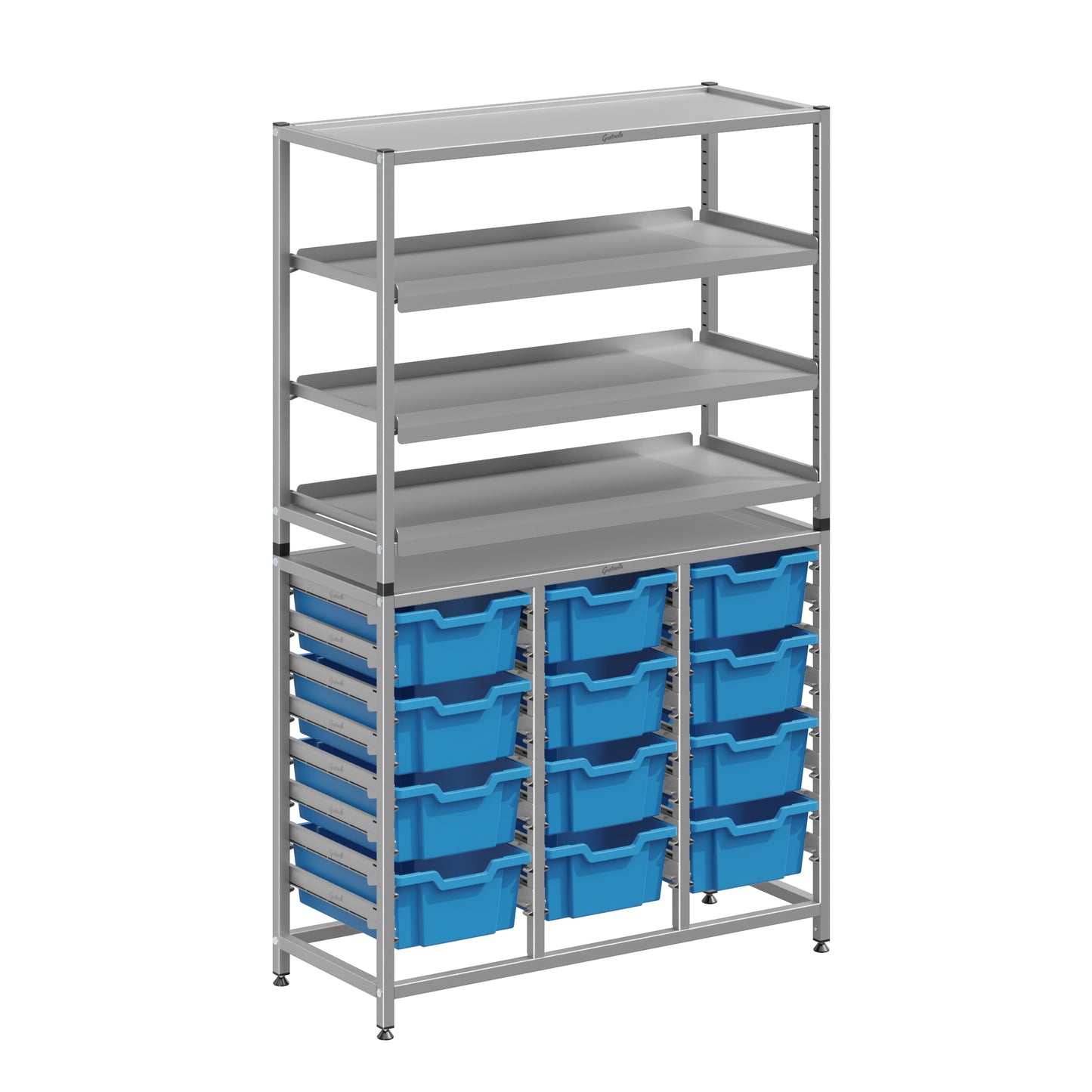 Gratnells Dynamis Lab & Healthcare Combo Cart Set Silver with 3 Shelves and 12 Deep Trays (GRA-DYAT344-XX-006)