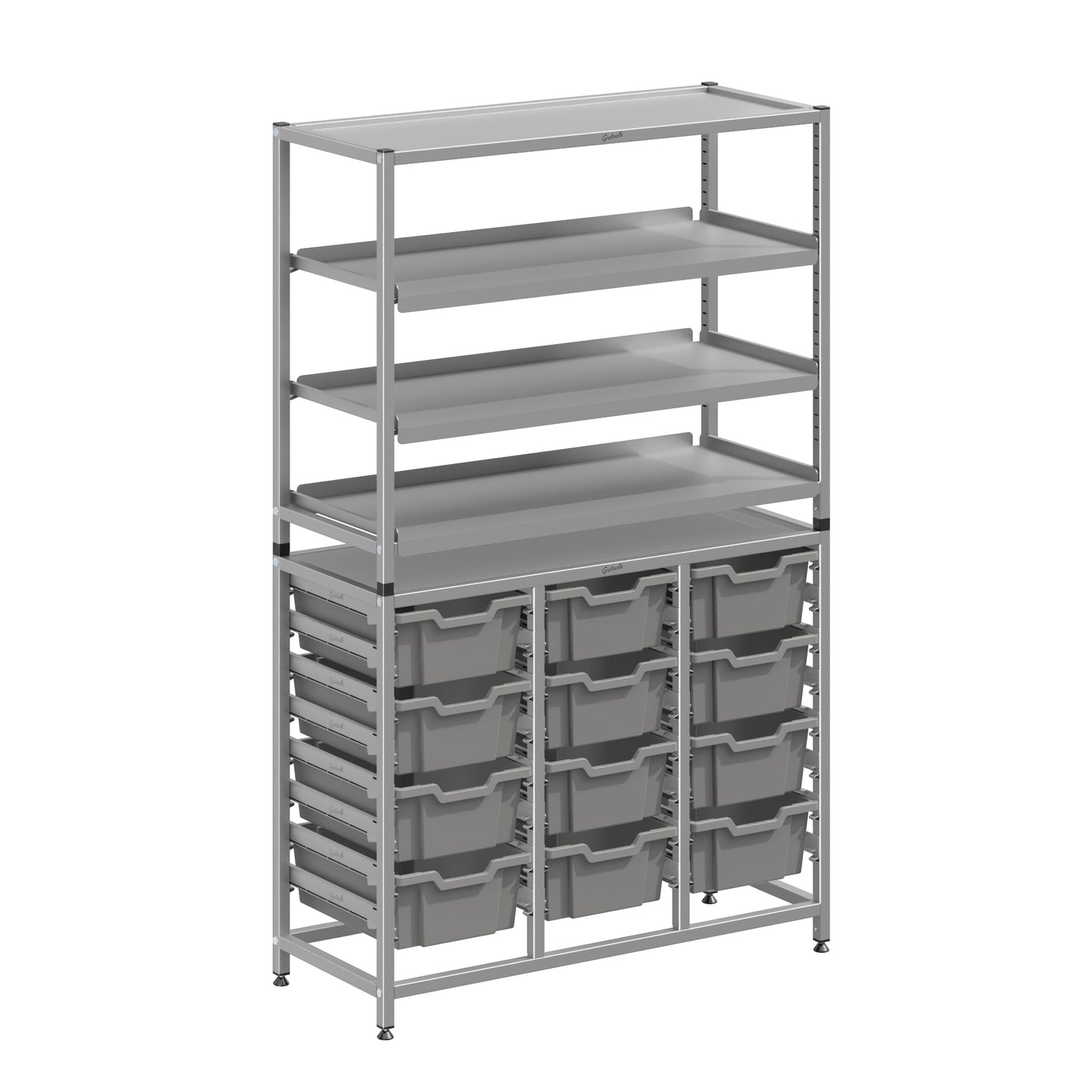 Gratnells Dynamis Lab & Healthcare Combo Cart Set Silver with 3 Shelves and 12 Deep Trays (GRA-DYAT344-XX-006)
