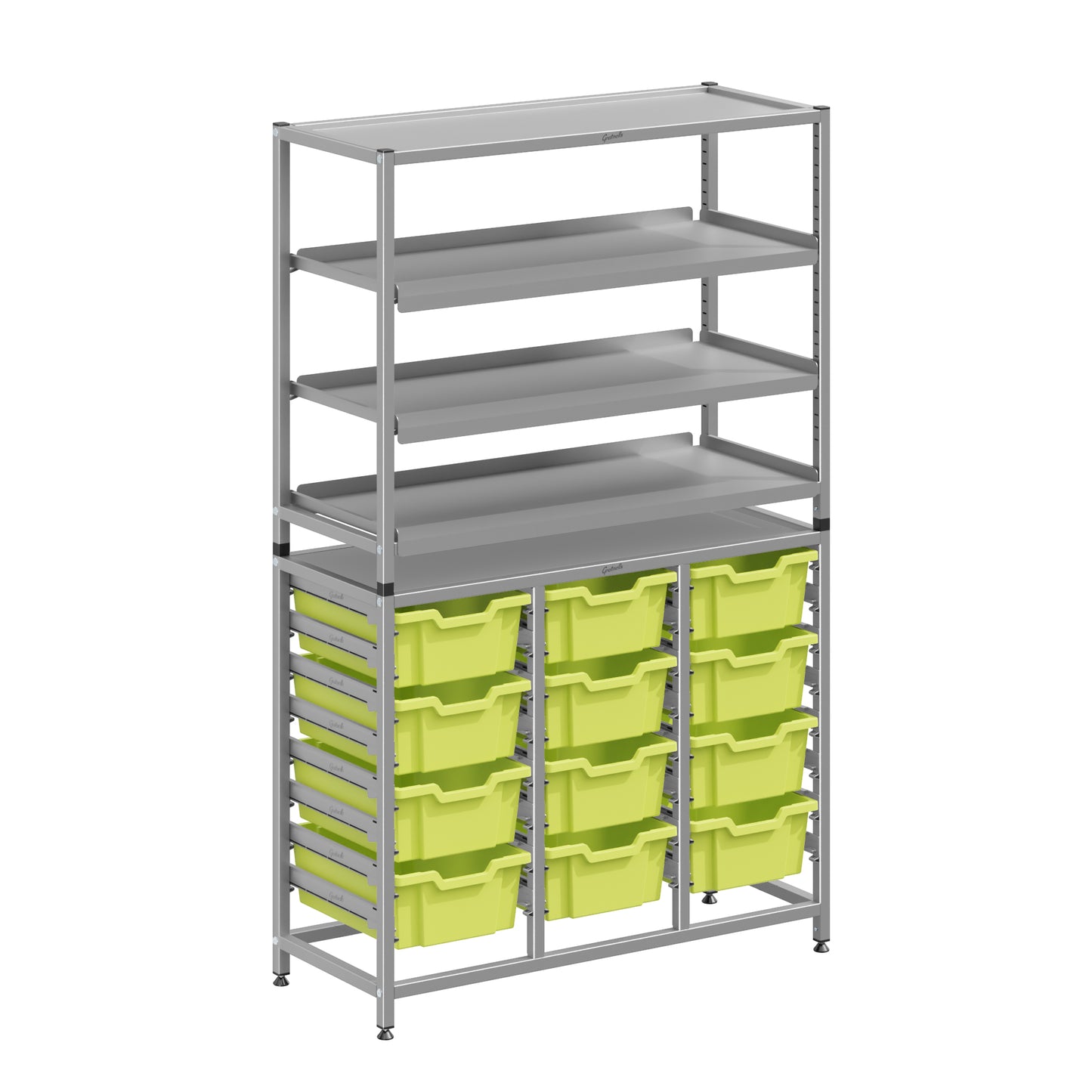 Gratnells Dynamis Lab & Healthcare Combo Cart Set Silver with 3 Shelves and 12 Deep Trays (GRA-DYAT344-XX-006)