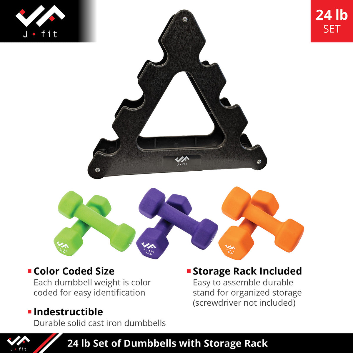 Champion Sports JFIT Dumbbell Set with Storage Stand 24 lb (CMP-J-DBSTL24)