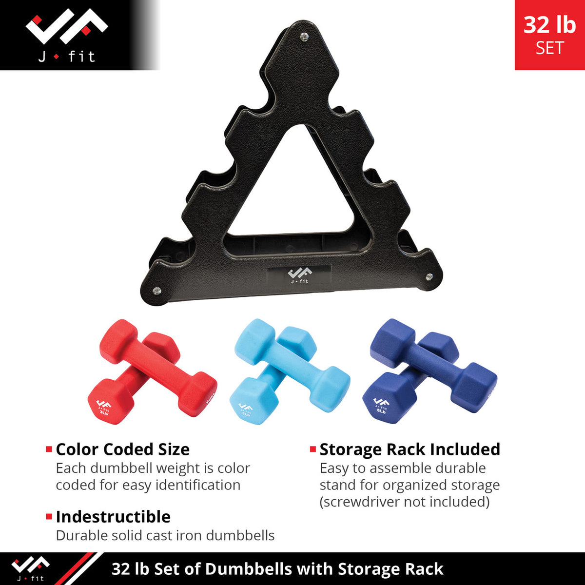 Champion Sports JFIT Dumbbell Set with Storage Stand 32 lb (CMP-J-DBSTL32)
