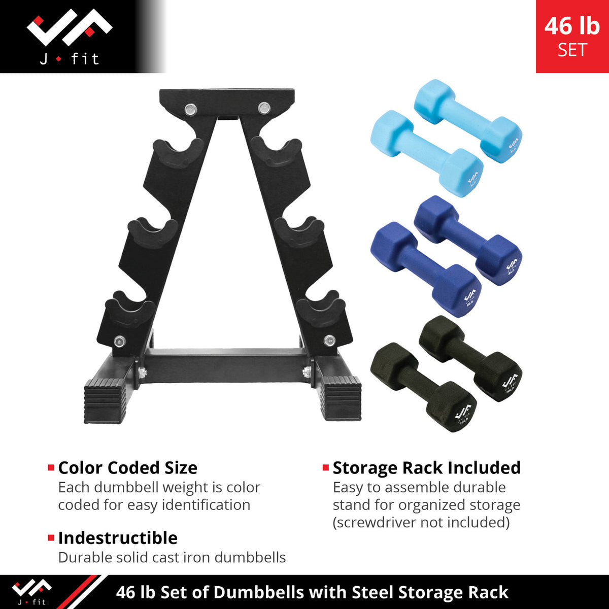 Champion Sports JFIT Dumbbell Set with Metal Storage Stand 46 lb (CMP-J-DBSTL46)