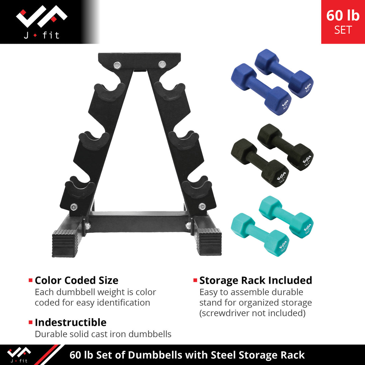 Champion Sports JFIT Dumbbell Set with Metal Storage Stand 60 lb (CMP-J-DBSTL60)
