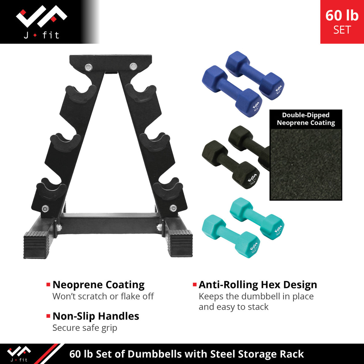 Champion Sports JFIT Dumbbell Set with Metal Storage Stand 60 lb (CMP-J-DBSTL60)
