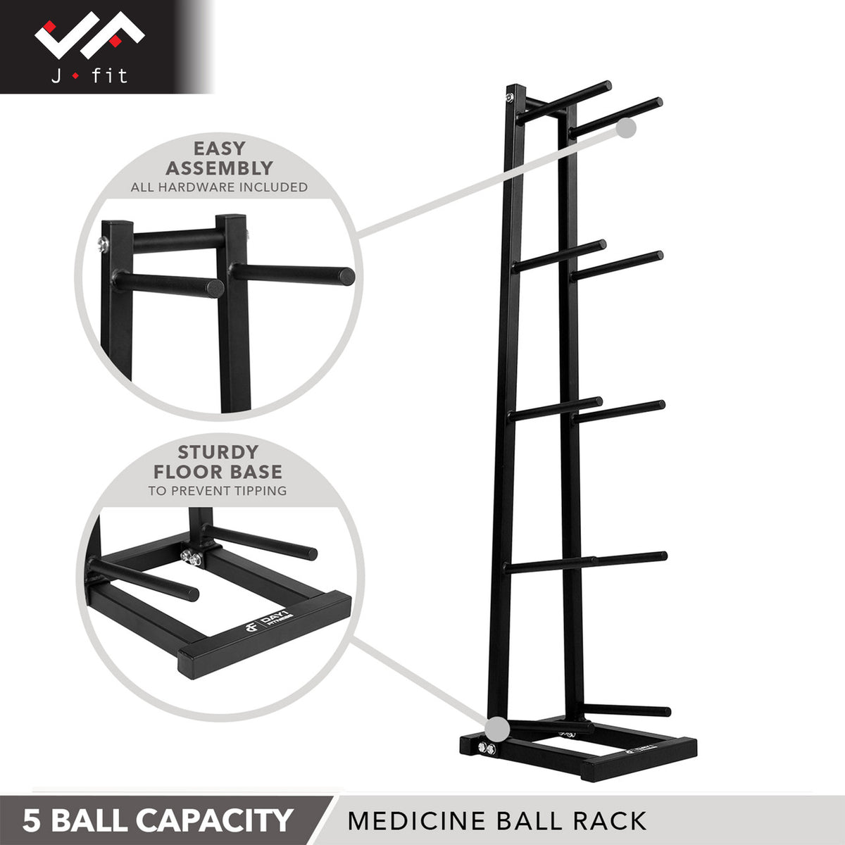 Champion Sports JFIT Medicine Ball Rack 5-Tier Freestanding Steel Storage Matte Black (CMP-J-MBRACK)