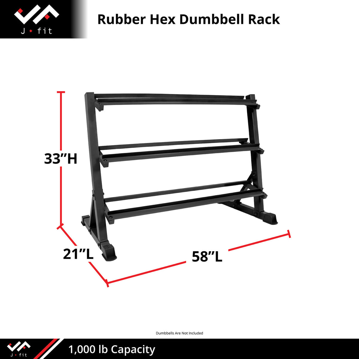Champion Sports JFIT Rubber Hex Dumbbell Storage Rack 3-Tier Steel Rack 21"W x 58"L x 33"H (CMP-J-RHDRACK)