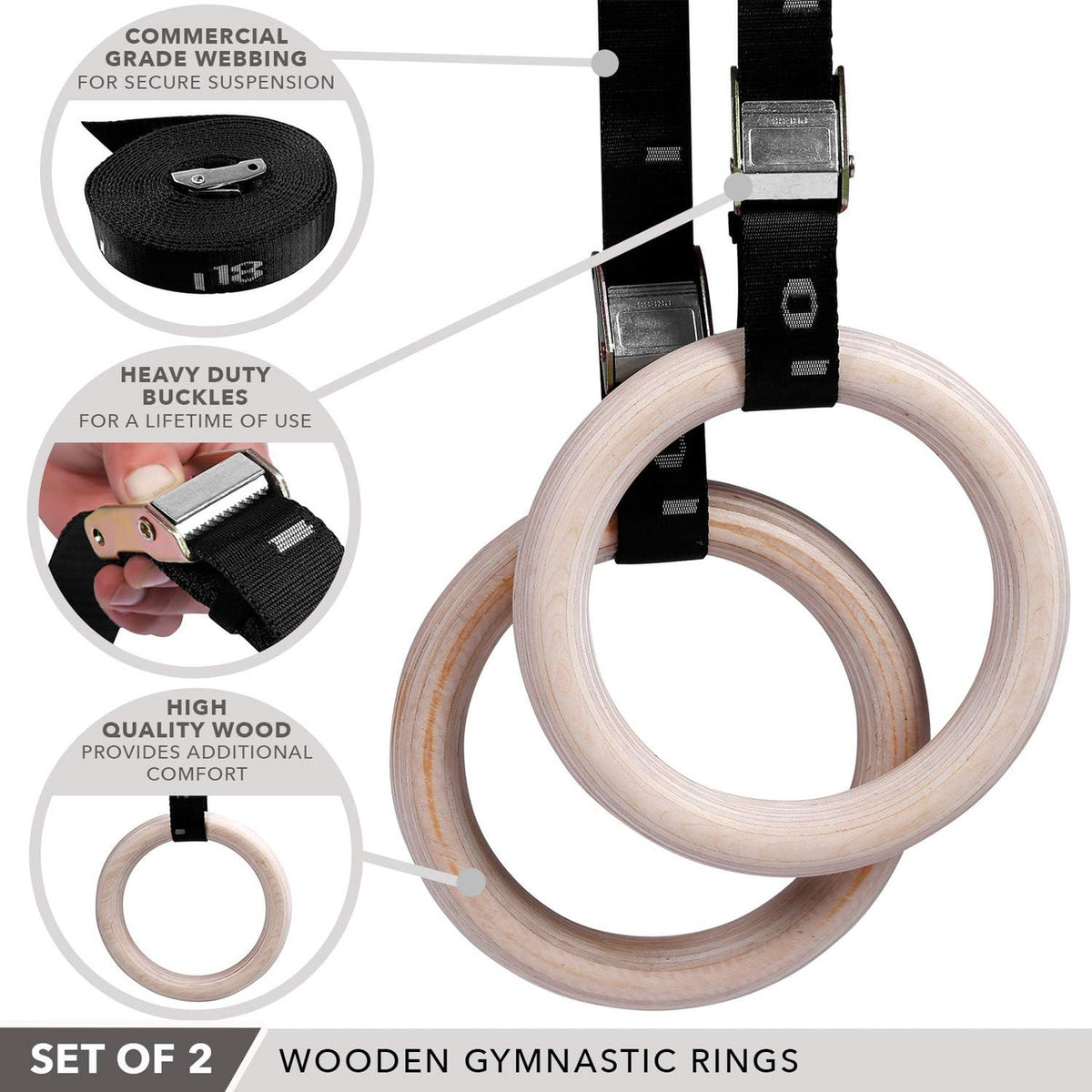 Champion Sports JFIT Wooden Gymnastics Rings with Adjustable Straps 9.25" OD (CMP-J-WDRINGS)