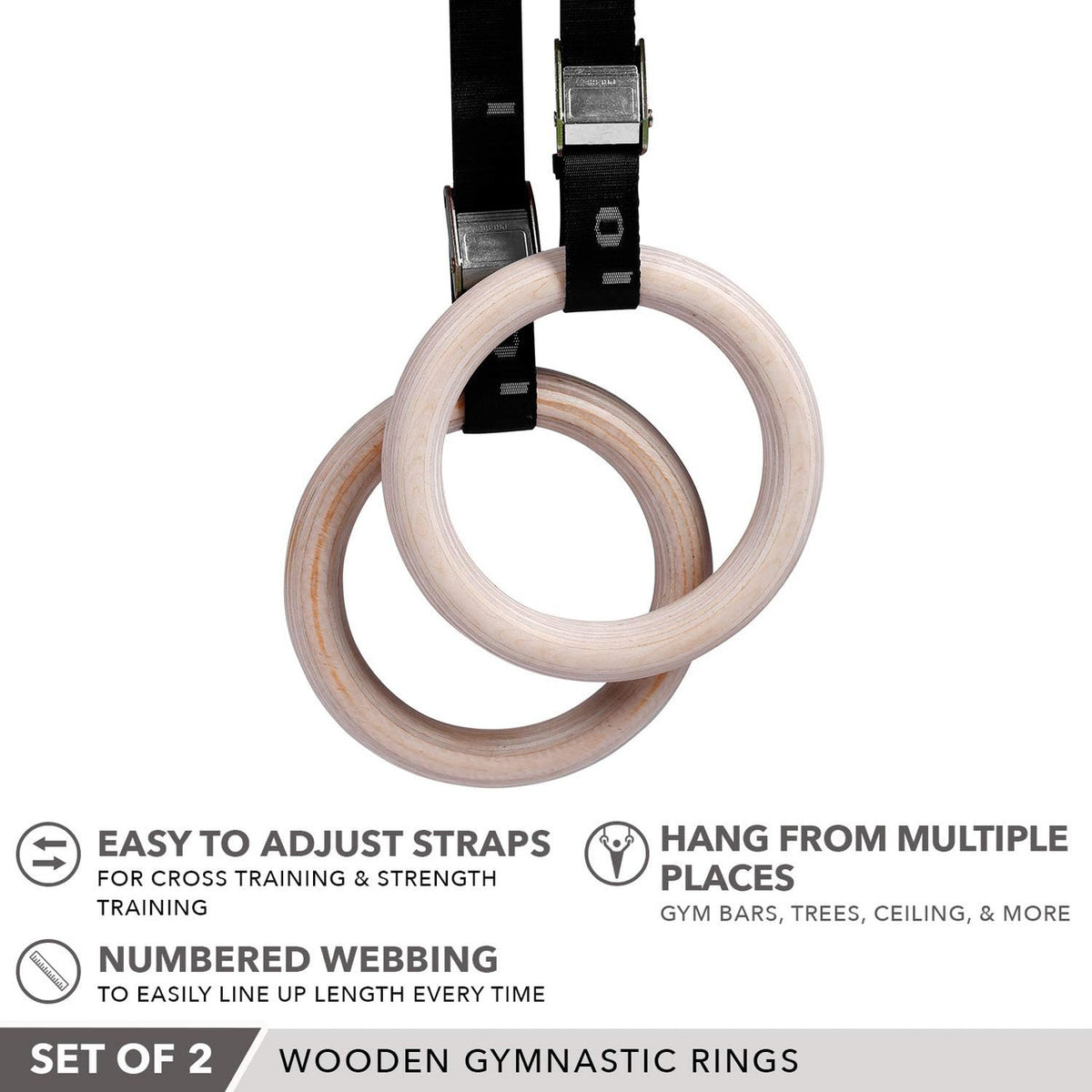 Champion Sports JFIT Wooden Gymnastics Rings with Adjustable Straps 9.25" OD (CMP-J-WDRINGS)