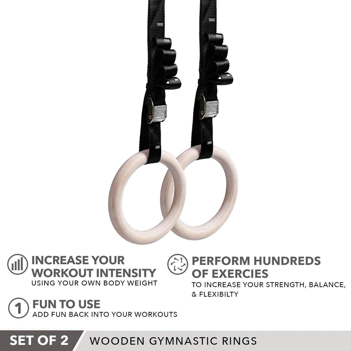 Champion Sports JFIT Wooden Gymnastics Rings with Adjustable Straps 9.25" OD (CMP-J-WDRINGS)