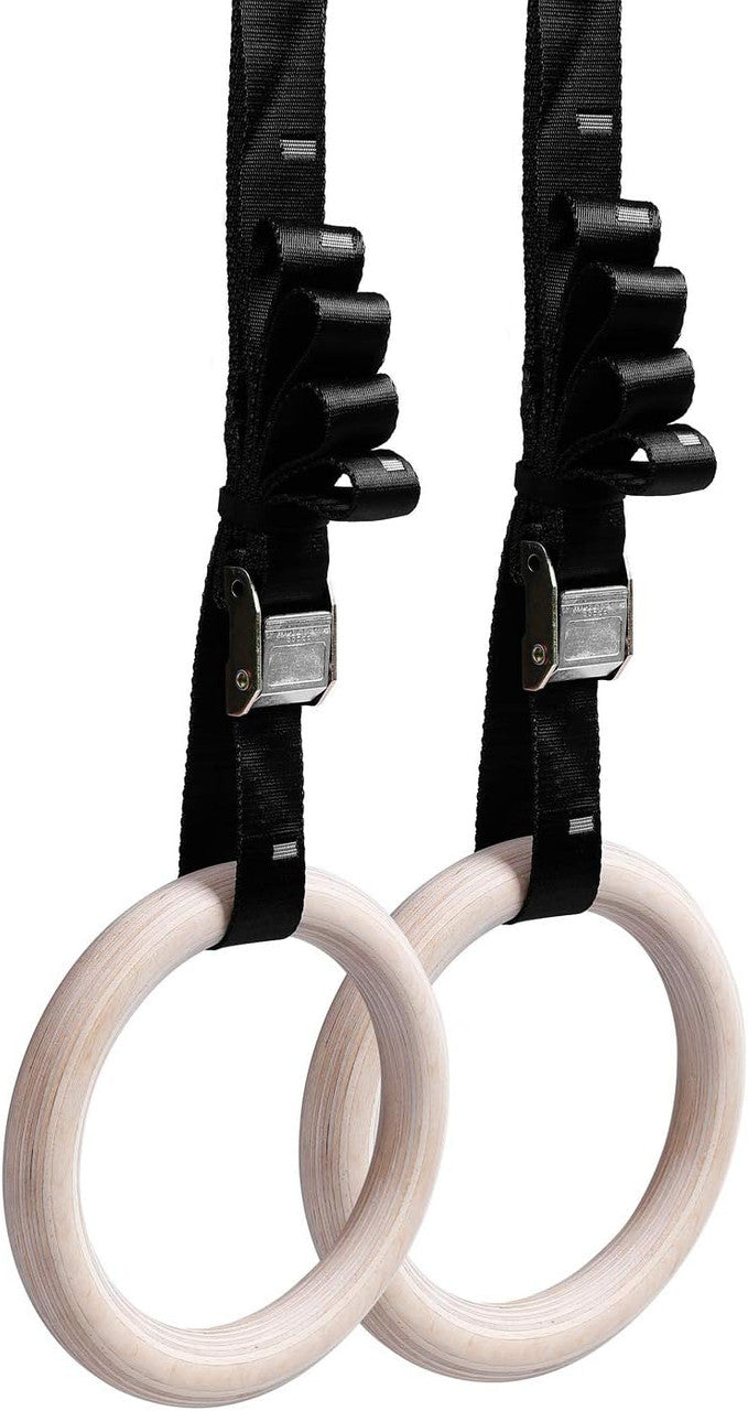 Champion Sports JFIT Wooden Gymnastics Rings with Adjustable Straps 9.25" OD (CMP-J-WDRINGS)