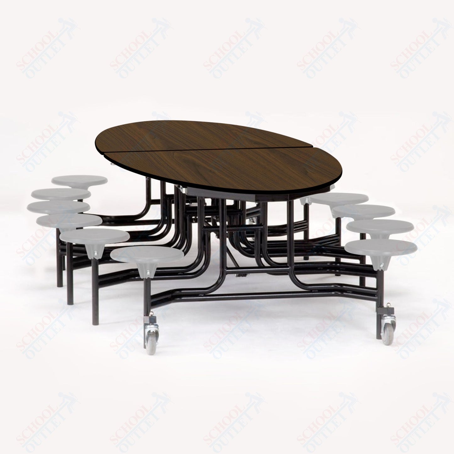 NPS 10' Elliptical Mobile Cafeteria Table - 12 Stools  - MDF Core - Protect Edge - Black Powdercoated Frame
