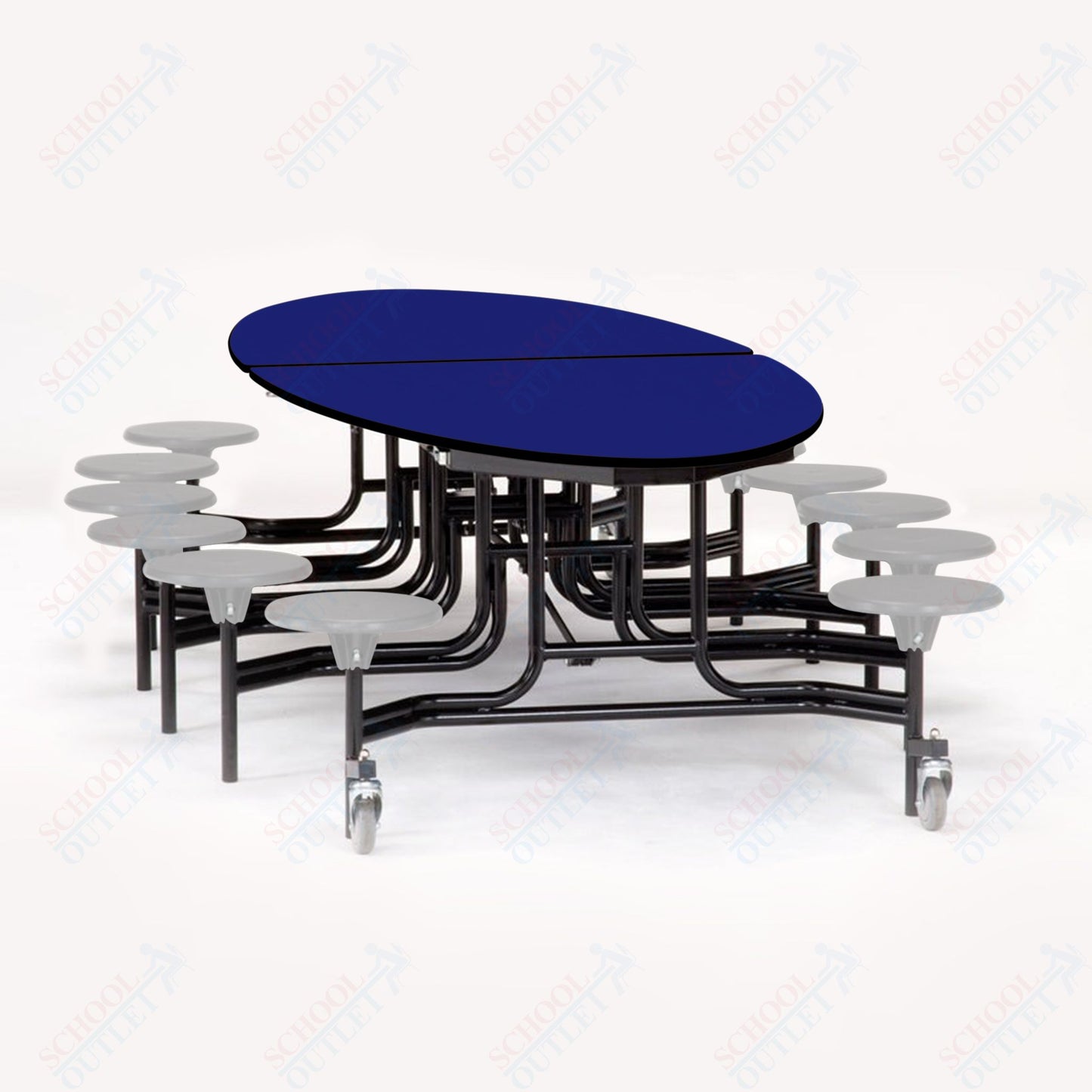 NPS 10' Elliptical Mobile Cafeteria Table - 12 Stools - Particleboard Core - T-Molding Edge - Black Powdercoated Frame