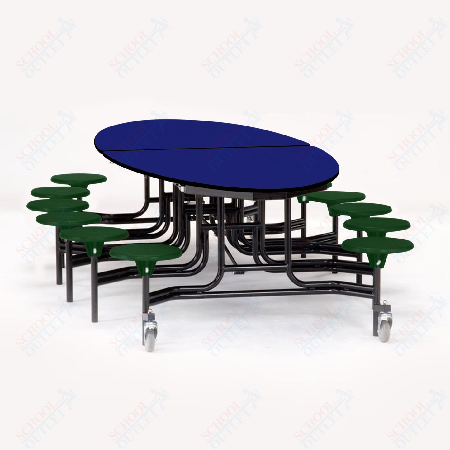 NPS 10' Elliptical Mobile Cafeteria Table - 12 Stools - Particleboard Core - T-Molding Edge - Black Powdercoated Frame